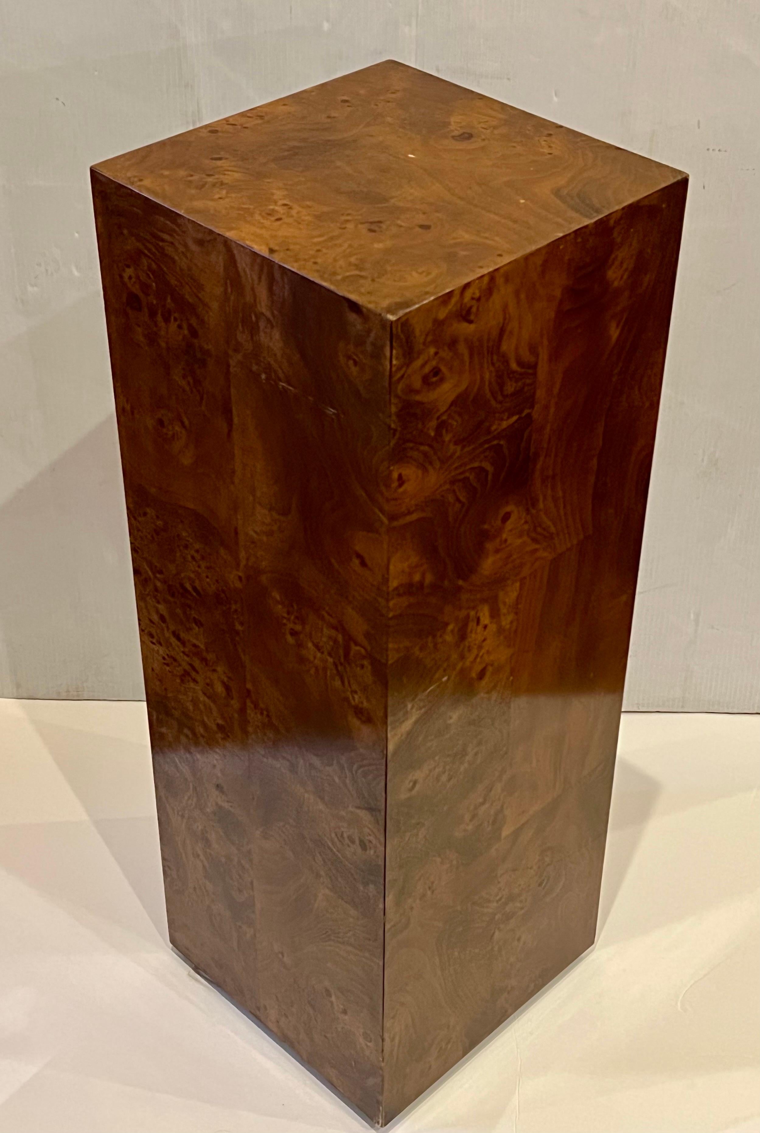 Versatile burlwood finishes pedestal by Milo Baughman circa 1970s, original finish and condition we have cleaned and oiled the piece.
