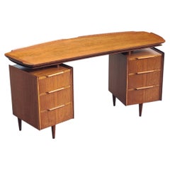 American Mid-Century Modern Carved Walnut Curved Kneehole Double Pedestal Desk