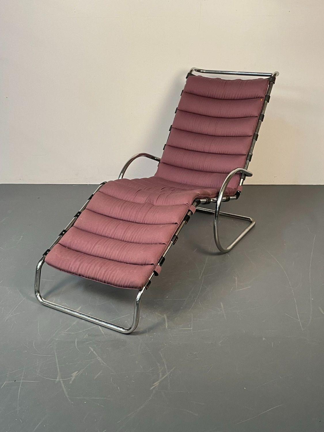 American Mid-Century Modern Chaise Lounge by Ludwig Mies Van Der Rohe for Knoll 
 
Early adjustable chaise lounge by Mies Van Der Rohe for Knoll. Maintaining it's original Knoll manufacturer label on the underside. All straps are attached and in