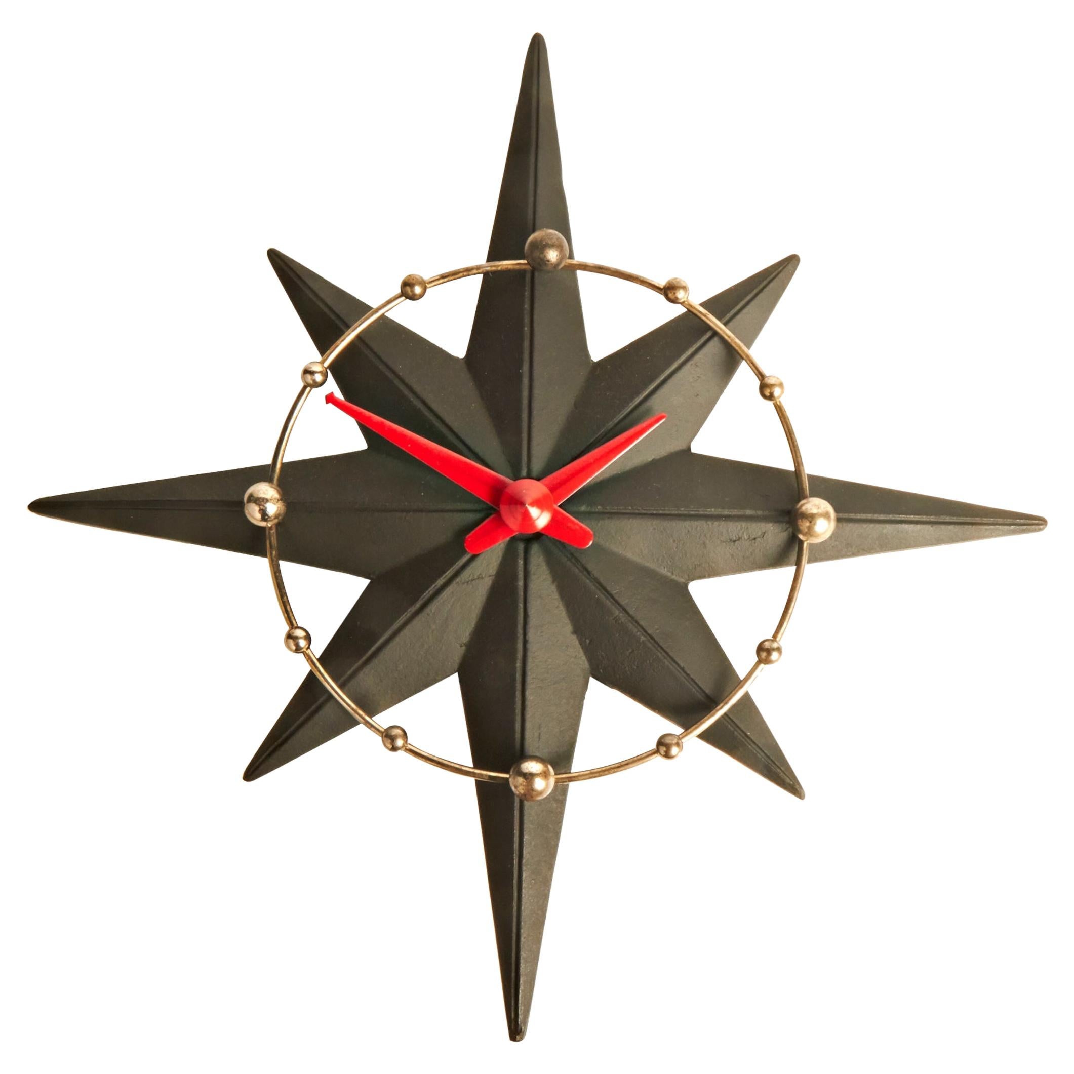 American Mid-Century Modern Chrome, Black & Red Star-Flyte Electric Wall Clock