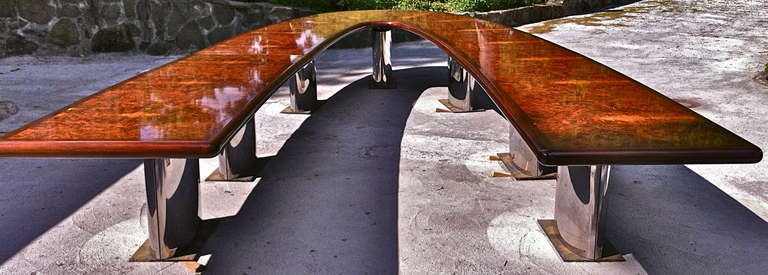 Boardroom or conference table custom made for US Steel Corporation, Pittsburgh, PA.

-- In Boomerang form
-- In 5 segments
-- Burl wood framed by mahogany, standing on five chrome and wrought steel standards

-- An exquisite and rare piece of