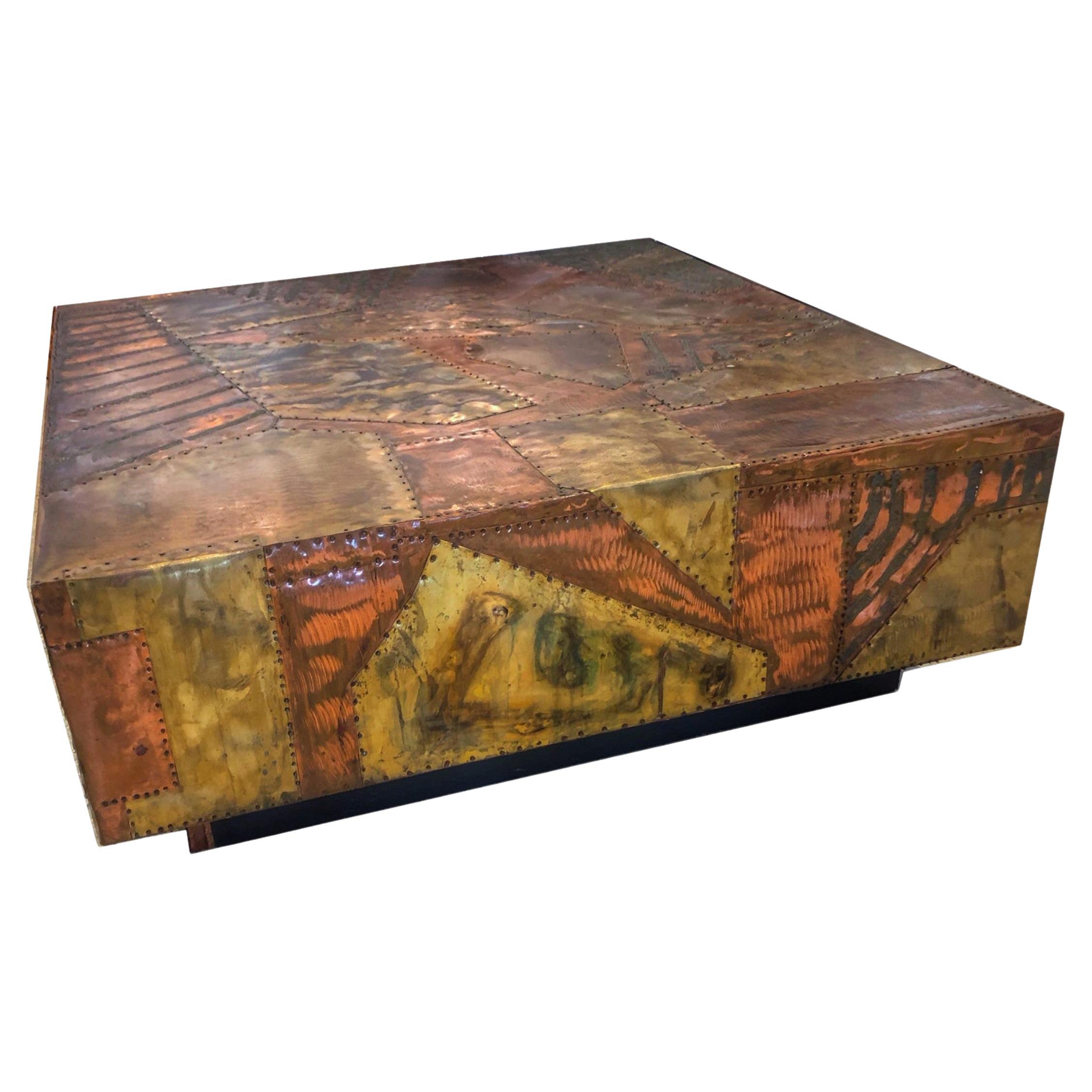 American Mid-Century Modern Copper and Brass Patchwork Coffee Table, Paul Evans