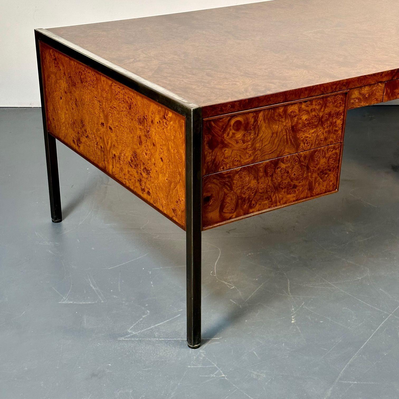 Chrome American Mid-Century Modern Desk, Refinished Tortoise Burlwood, Milo Baughman