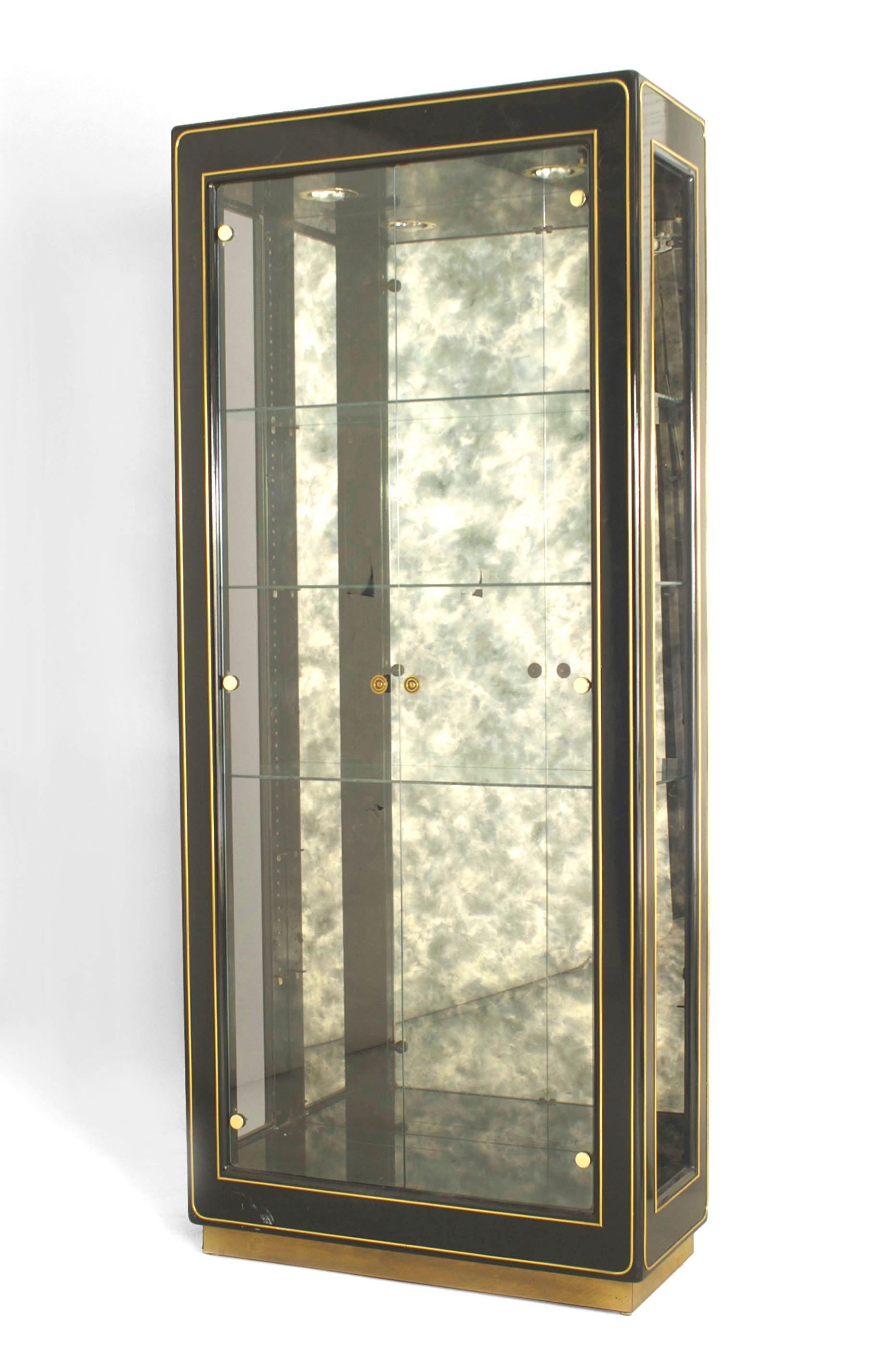 American Mid-Century Modern ebonized metal and brass trimmed vitrine cabinets (MASTERCRAFT)
