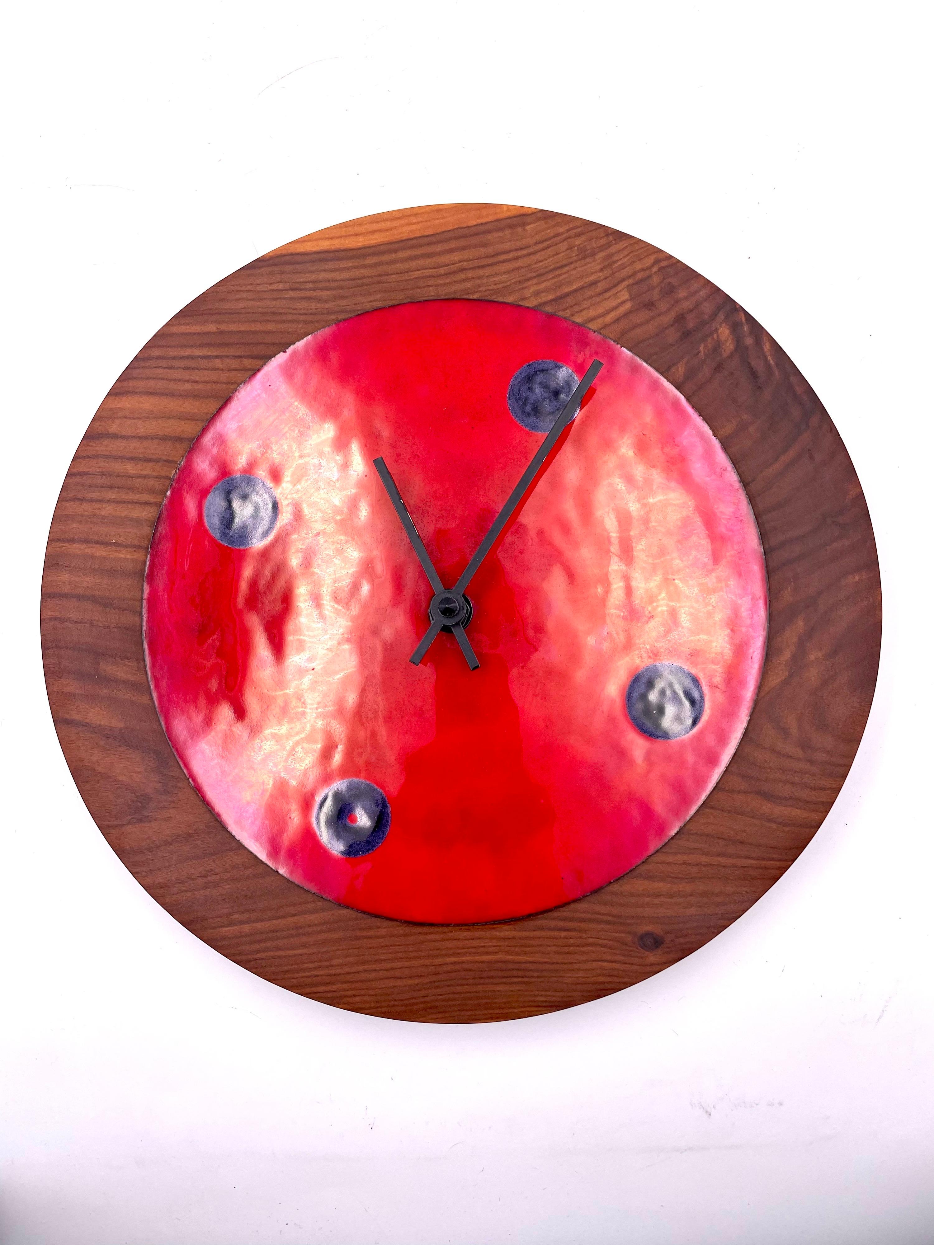 American Mid-Century Modern Enamel on Copper with Walnut Frame Wall Clock In Excellent Condition In San Diego, CA