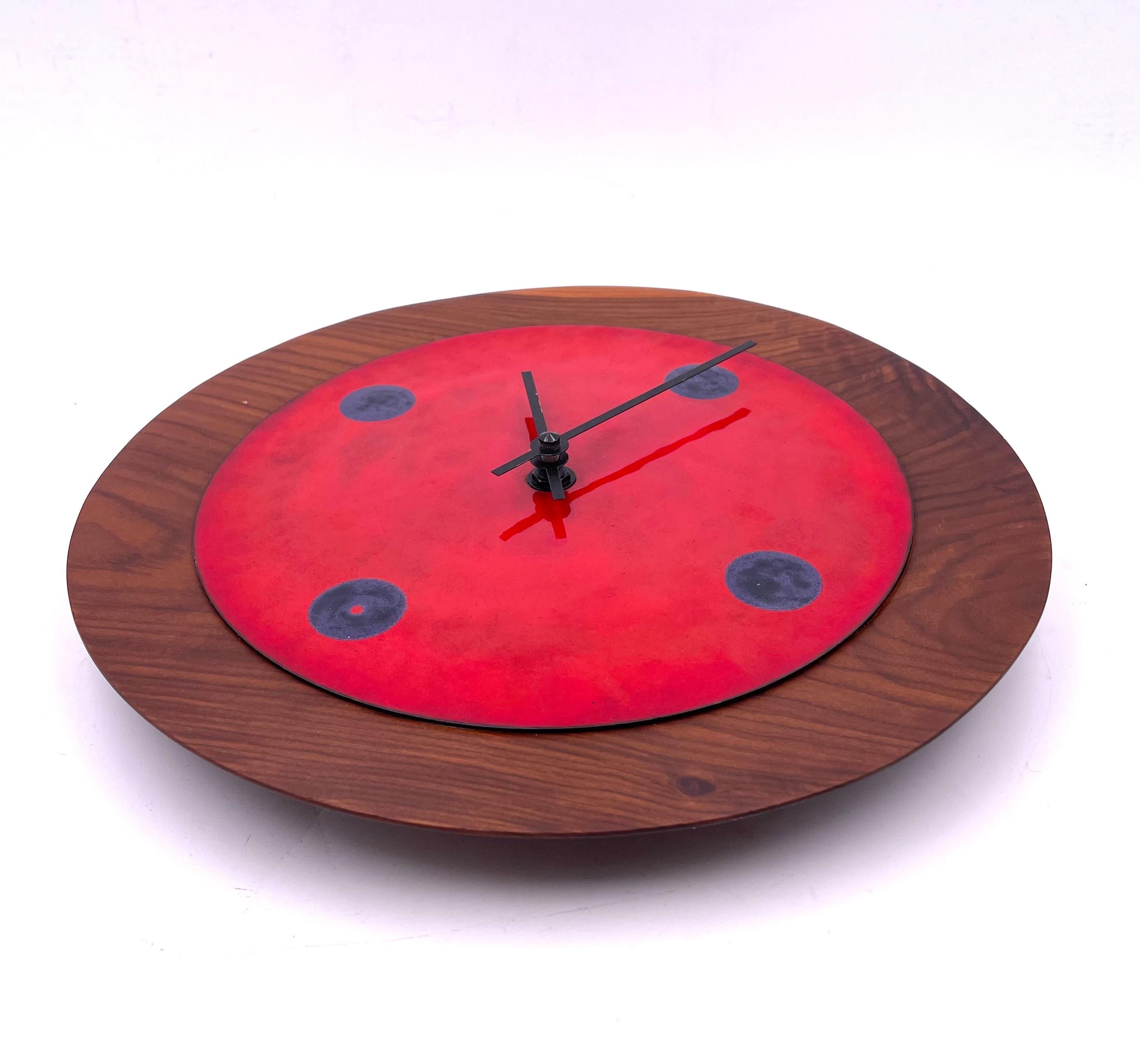 American Mid-Century Modern Enamel on Copper with Walnut Frame Wall Clock 1