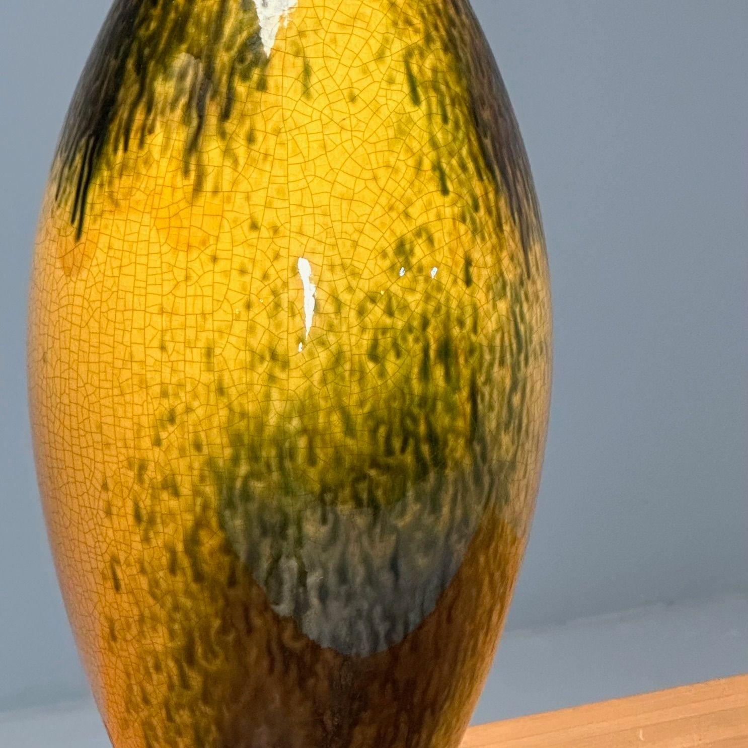 Grandes lampes de bureau américaines modernes du milieu du siècle dernier, céramique émaillée, jaune, tissu en vente 1