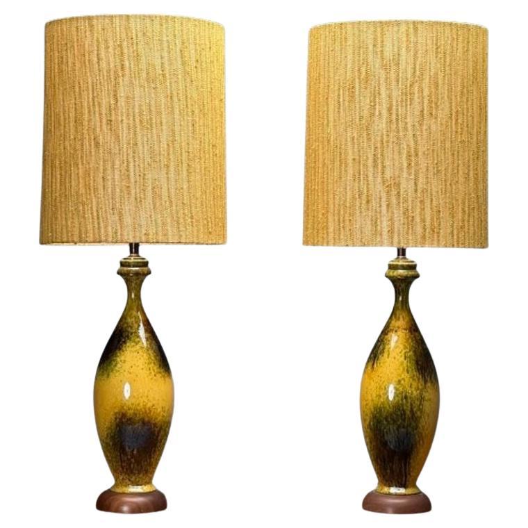American Mid-Century Modern, Large Table Lamps, Glazed Ceramic, Yellow, Fabric