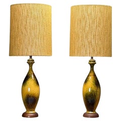 American Mid-Century Modern, Large Table Lamps, Glazed Ceramic, Yellow, Fabric