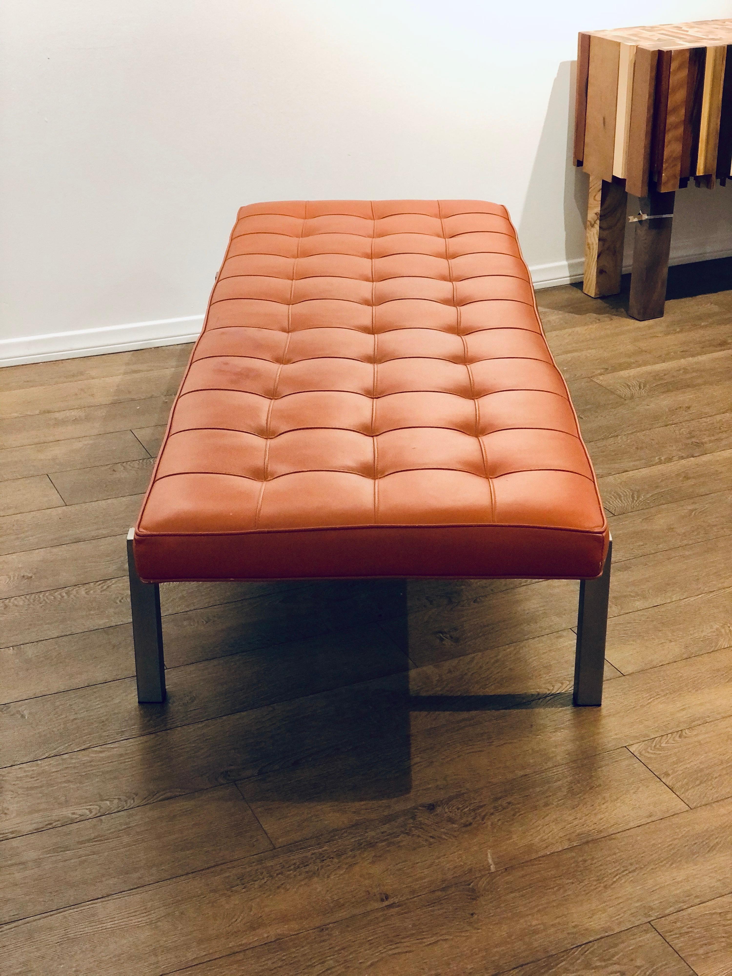 American Mid-Century Modern Leather Bench Brushed Steel Frame 1