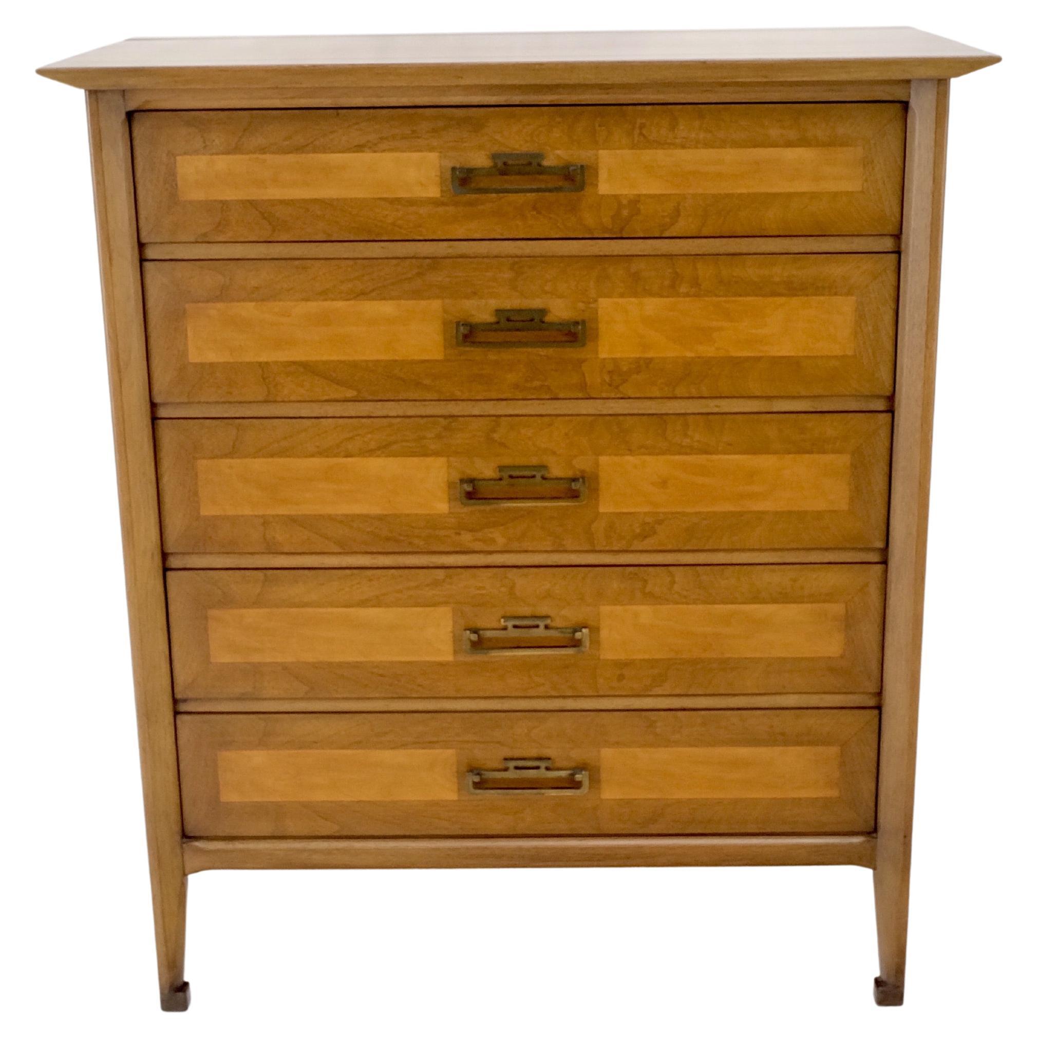 American Mid-Century Modern Light Walnut Heavy Brass Drop Pulls 5 Drawer Chest