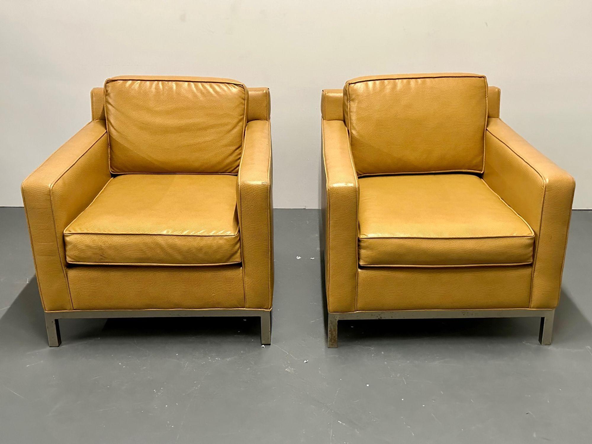 American Mid-Century Modern lounge chairs, chrome, leather, Manner Baughman
 
Each having box frame design on chrome bases supporting an Ostrich style textile, the pair having comfortable cushions and back rests. 
 
Measure: Seat height: 17