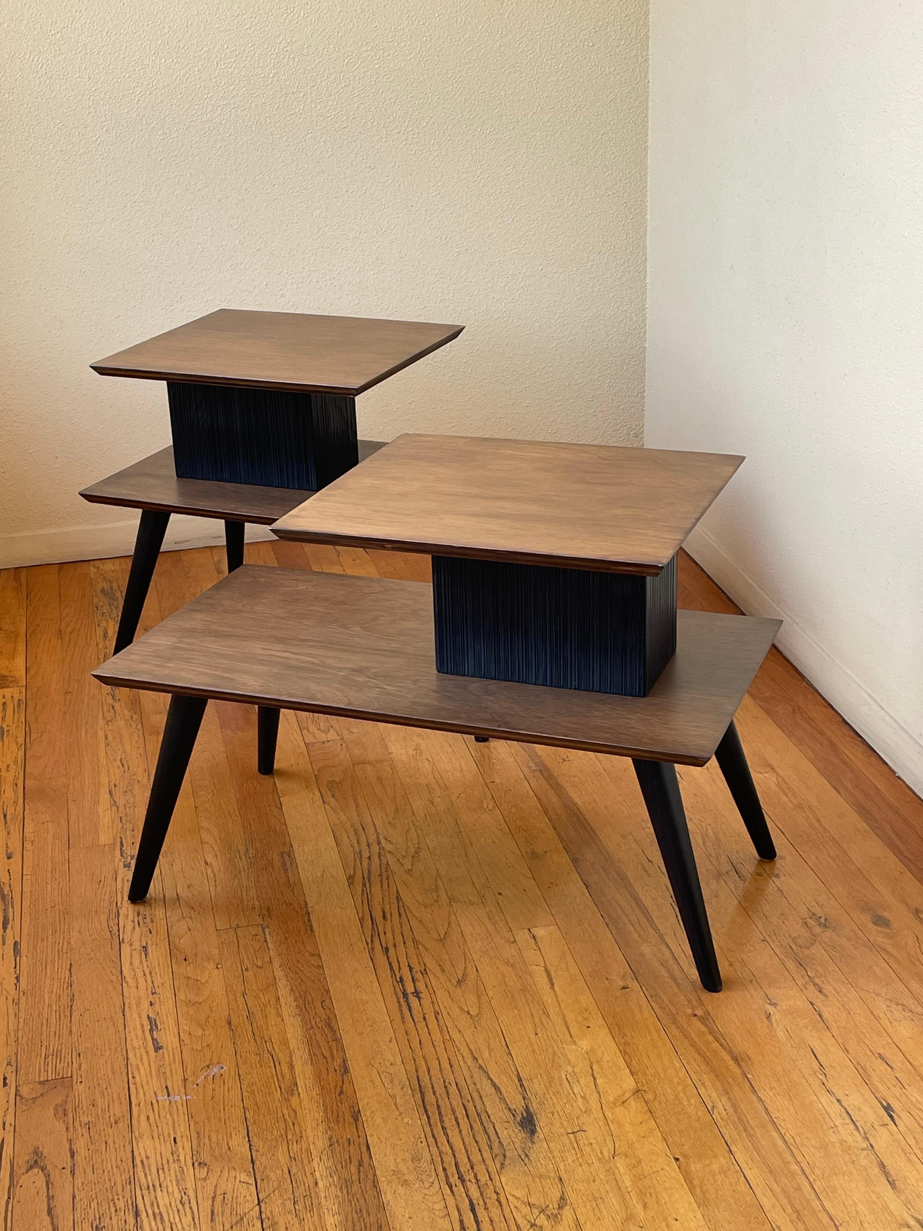 Very rare of atomic age step end tables designed by Paul Frankl, circa 1950's in walnut finish with black lacquer accents, freshly refinished very rare set hard to find.