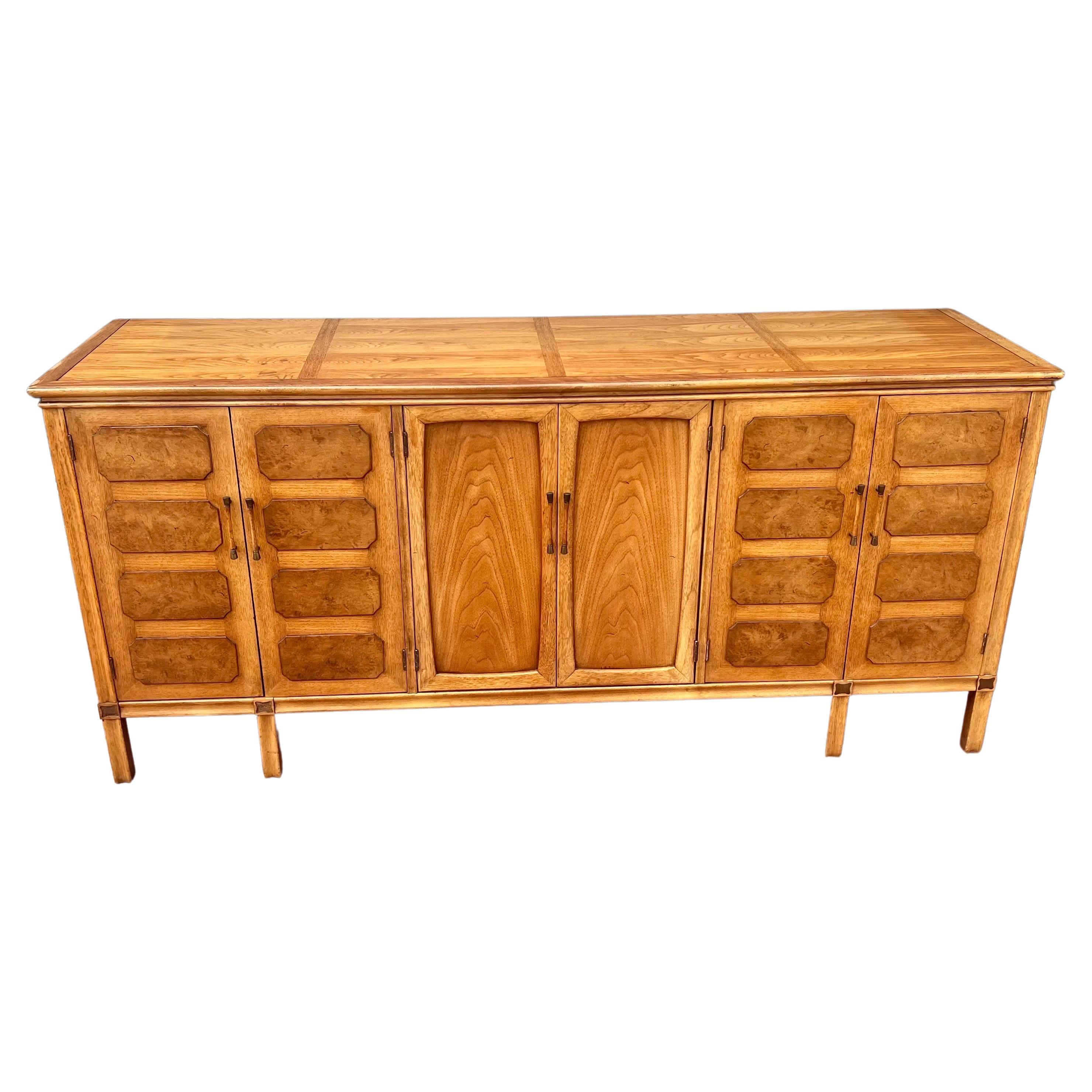 Brass American mid century Modern Pecan & Burlwood Credenza by Thomasville