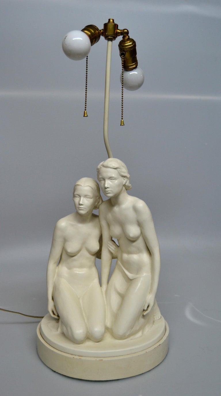 American Mid-Century Modern Plaster Table Lamp Sculpted Two Nude Female, Marked For Sale 4