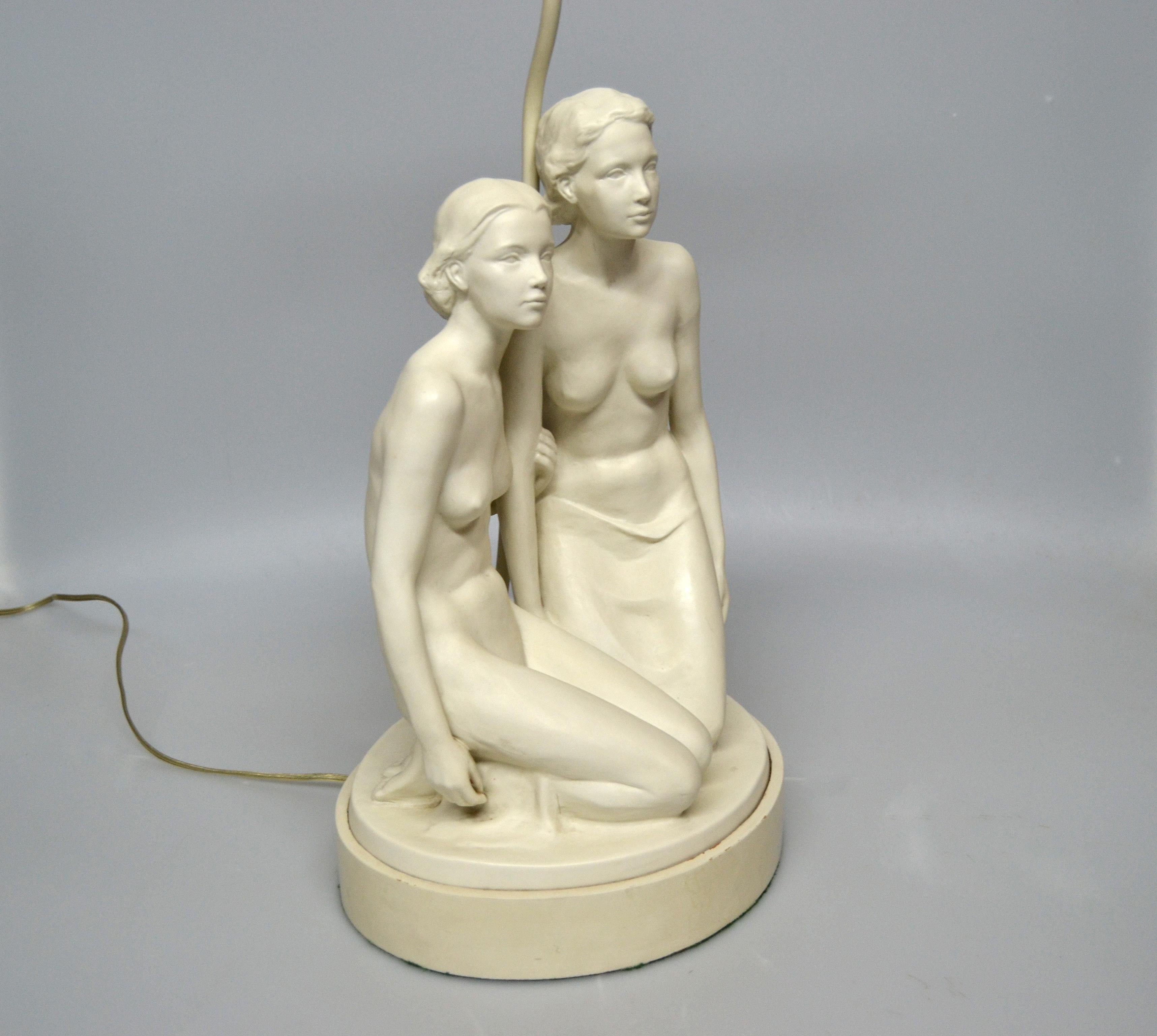 Hand-Carved American Mid-Century Modern Plaster Table Lamp Sculpted Two Nude Female Marked For Sale