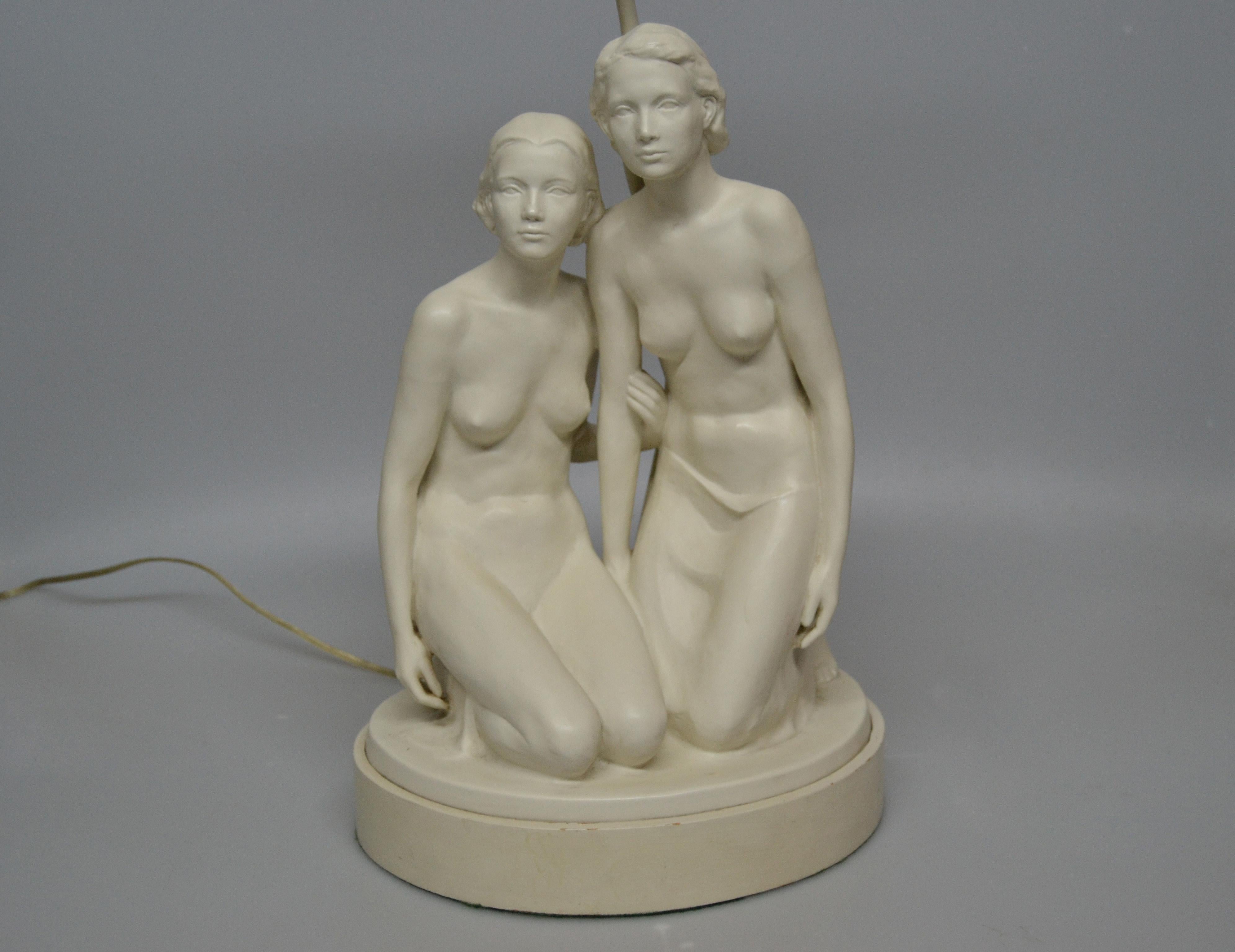 American Mid-Century Modern Plaster Table Lamp Sculpted Two Nude Female Marked In Good Condition For Sale In Miami, FL