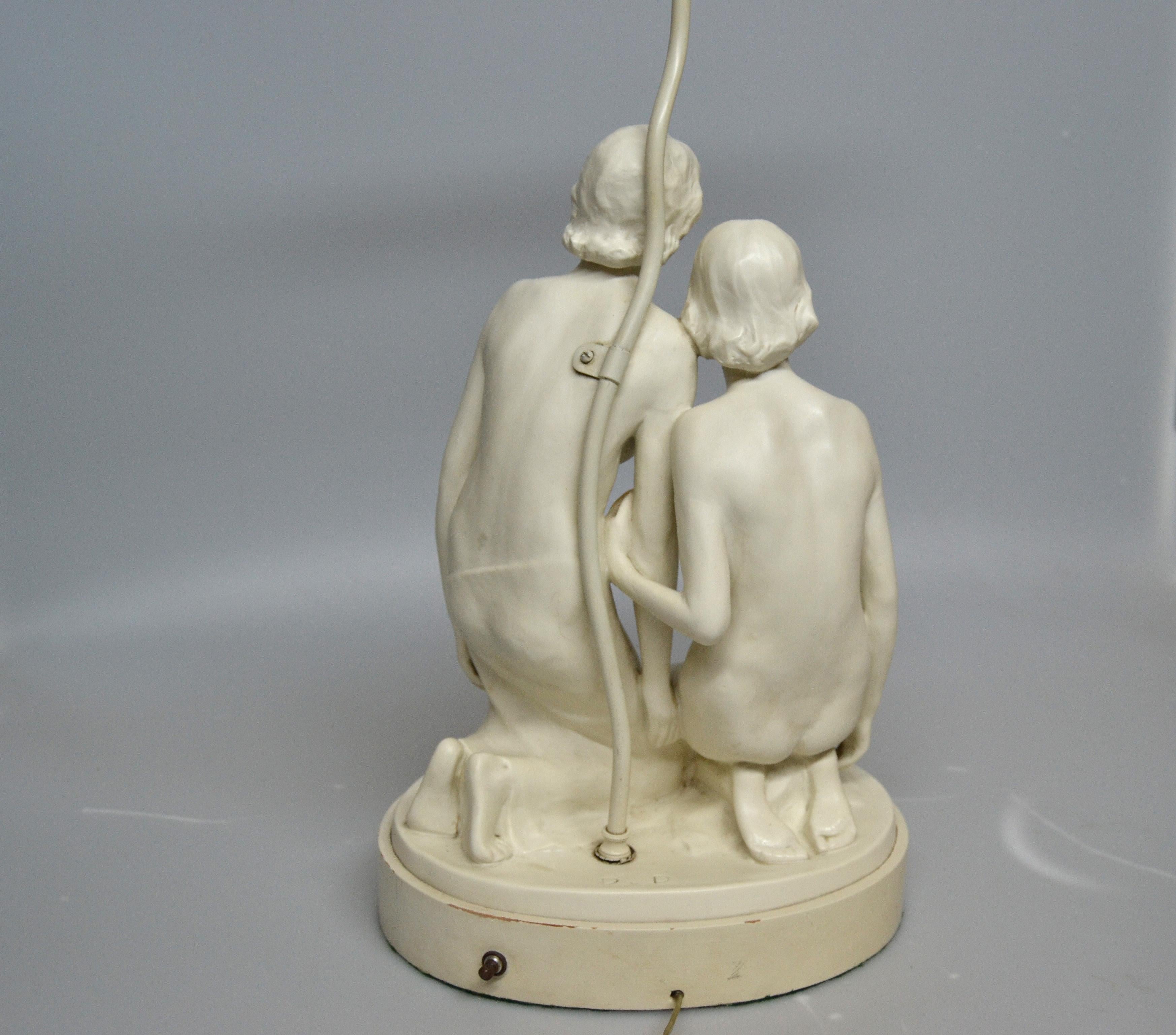 Mid-20th Century American Mid-Century Modern Plaster Table Lamp Sculpted Two Nude Female Marked For Sale