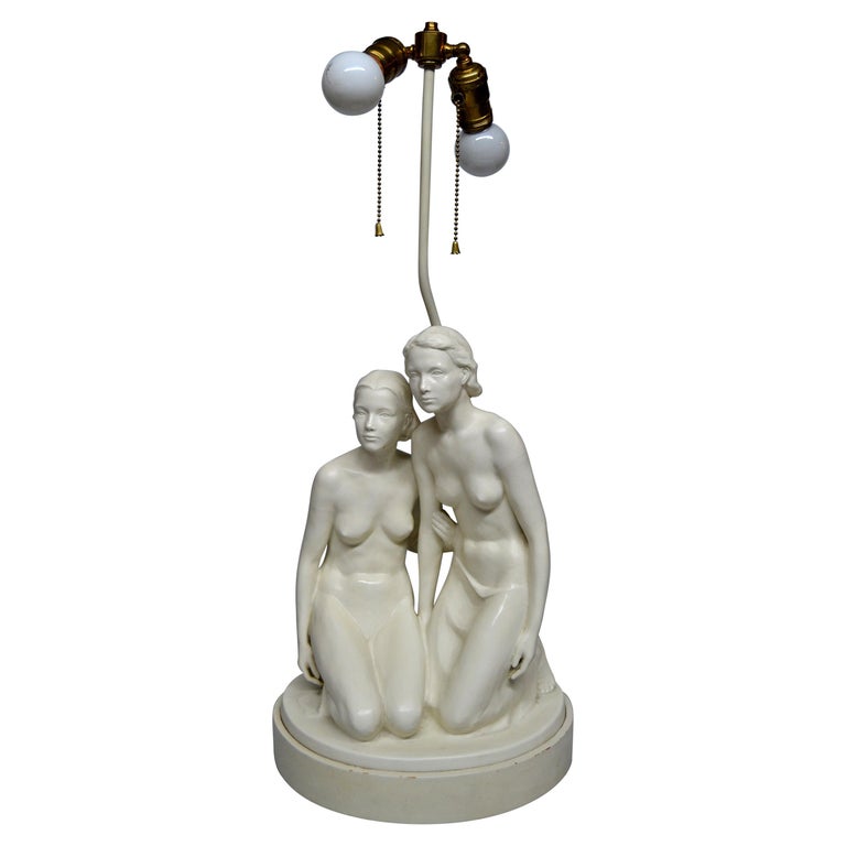 American Mid-Century Modern Plaster Table Lamp Sculpted Two Nude Female, Marked For Sale