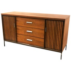 American Mid-Century Modern Small Walnut Credenza on Iron Base