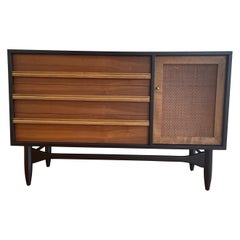 Vintage American Mid-Century Modern Small Walnut Credenza with Cane Door