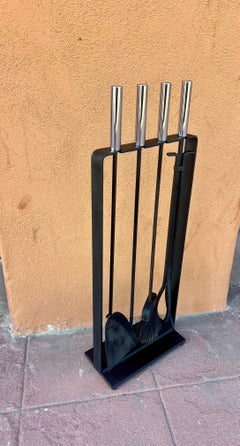 American Mid-Century Modern Solid Iron Modernist Set of Fireplace Tools