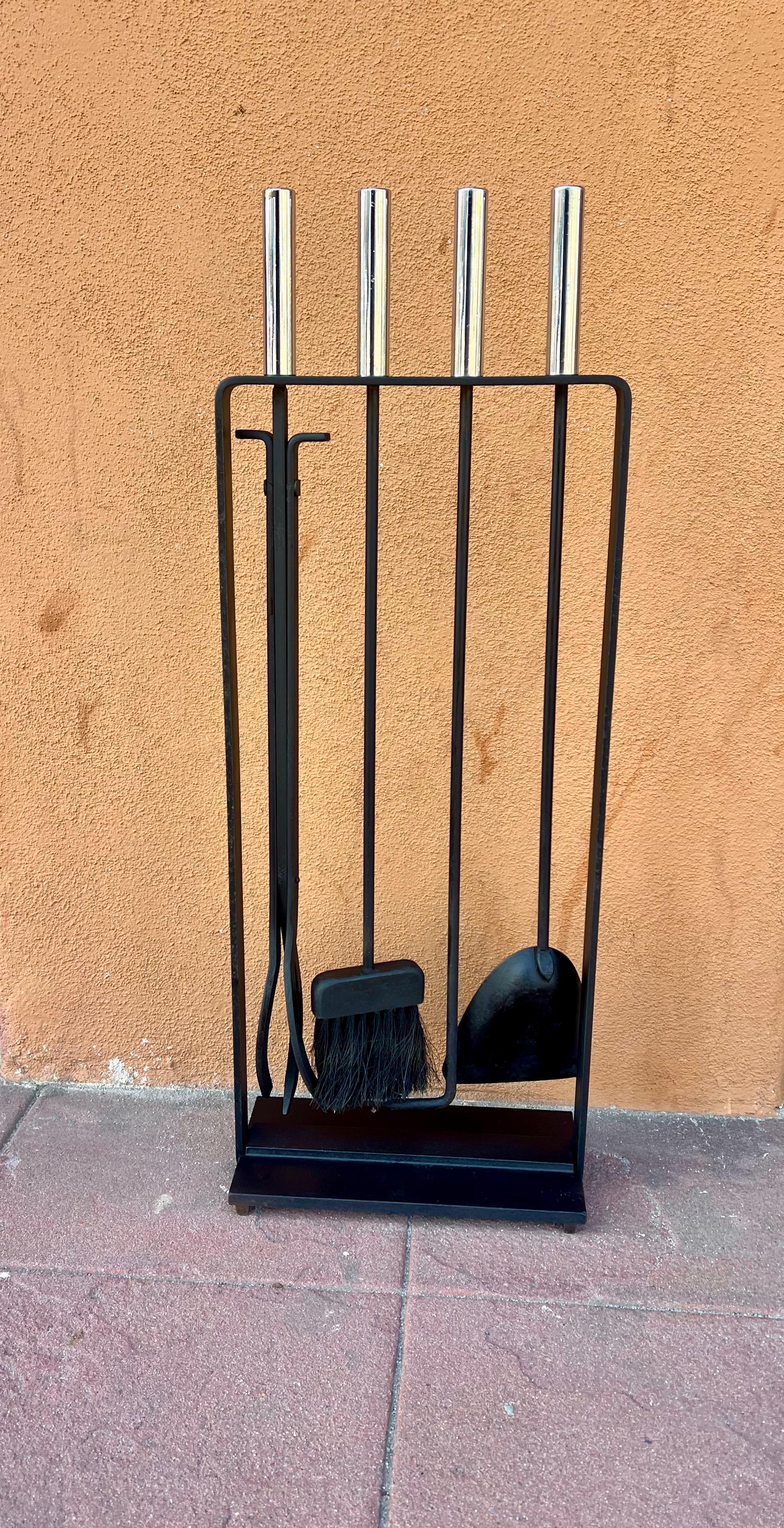 20th Century American Mid-Century Modern Solid Iron Modernist Set of Fireplace Tools