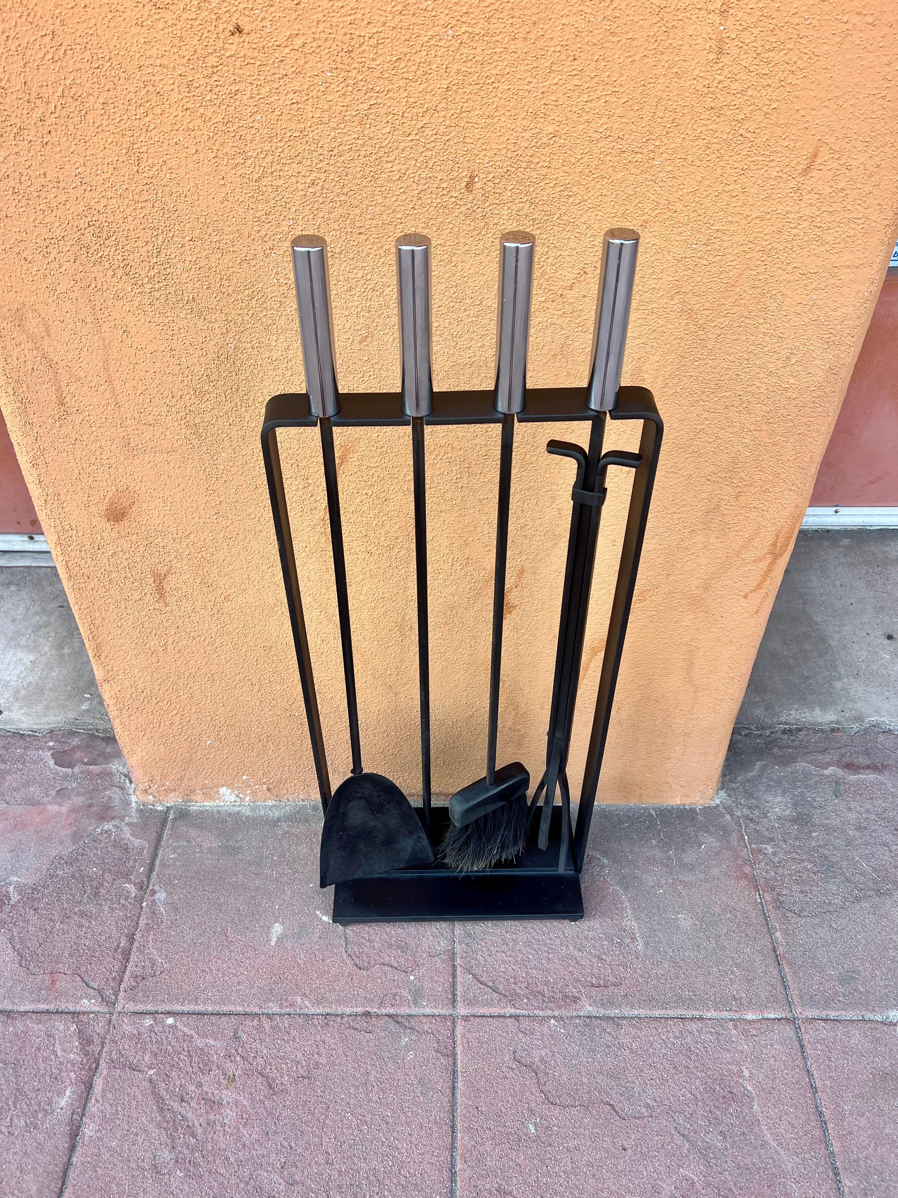 American Mid-Century Modern Solid Iron Modernist Set of Fireplace Tools 1