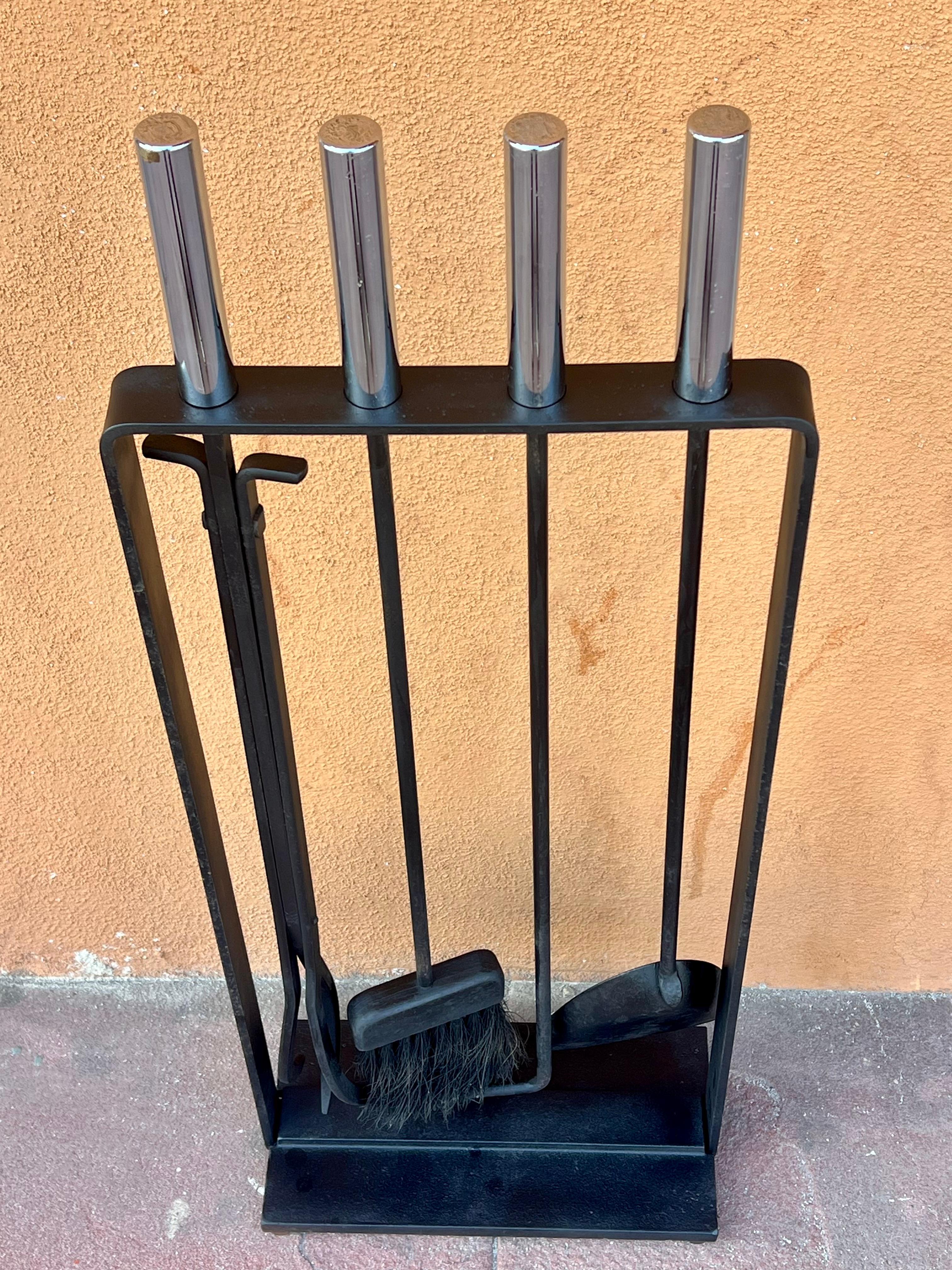 American Mid-Century Modern Solid Iron Modernist Set of Fireplace Tools 2