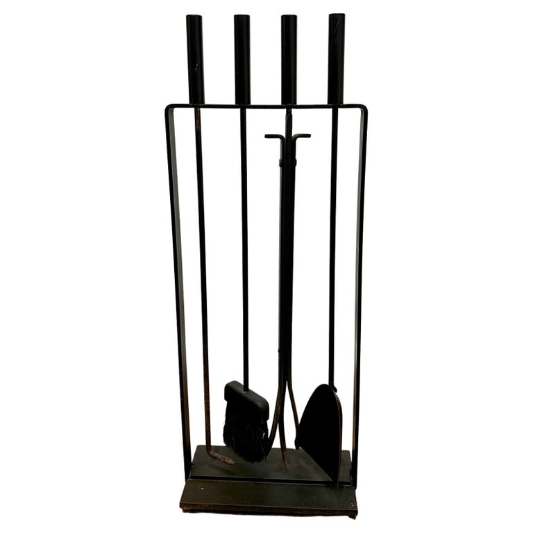 American MidCentury Modern Solid Iron Modernist Set of Fireplace Tools