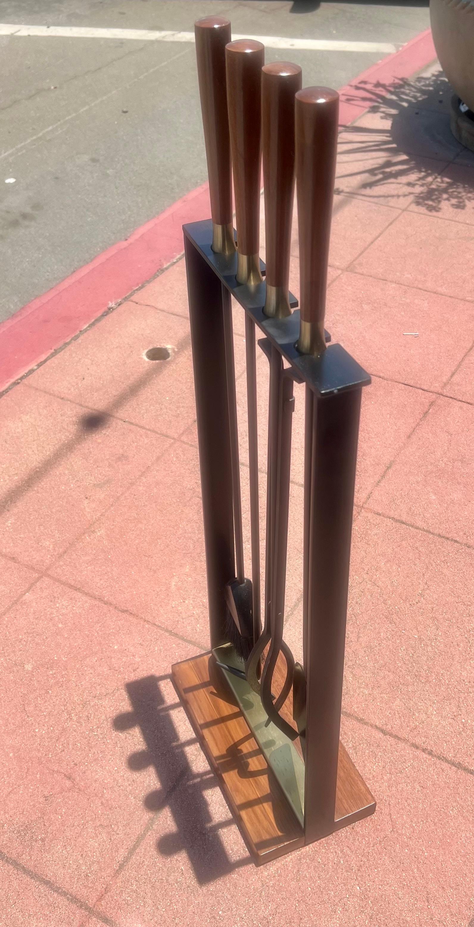 20th Century American Mid-Century Modern Solid Iron Walnut  Modernist Set of Fireplace Tools For Sale