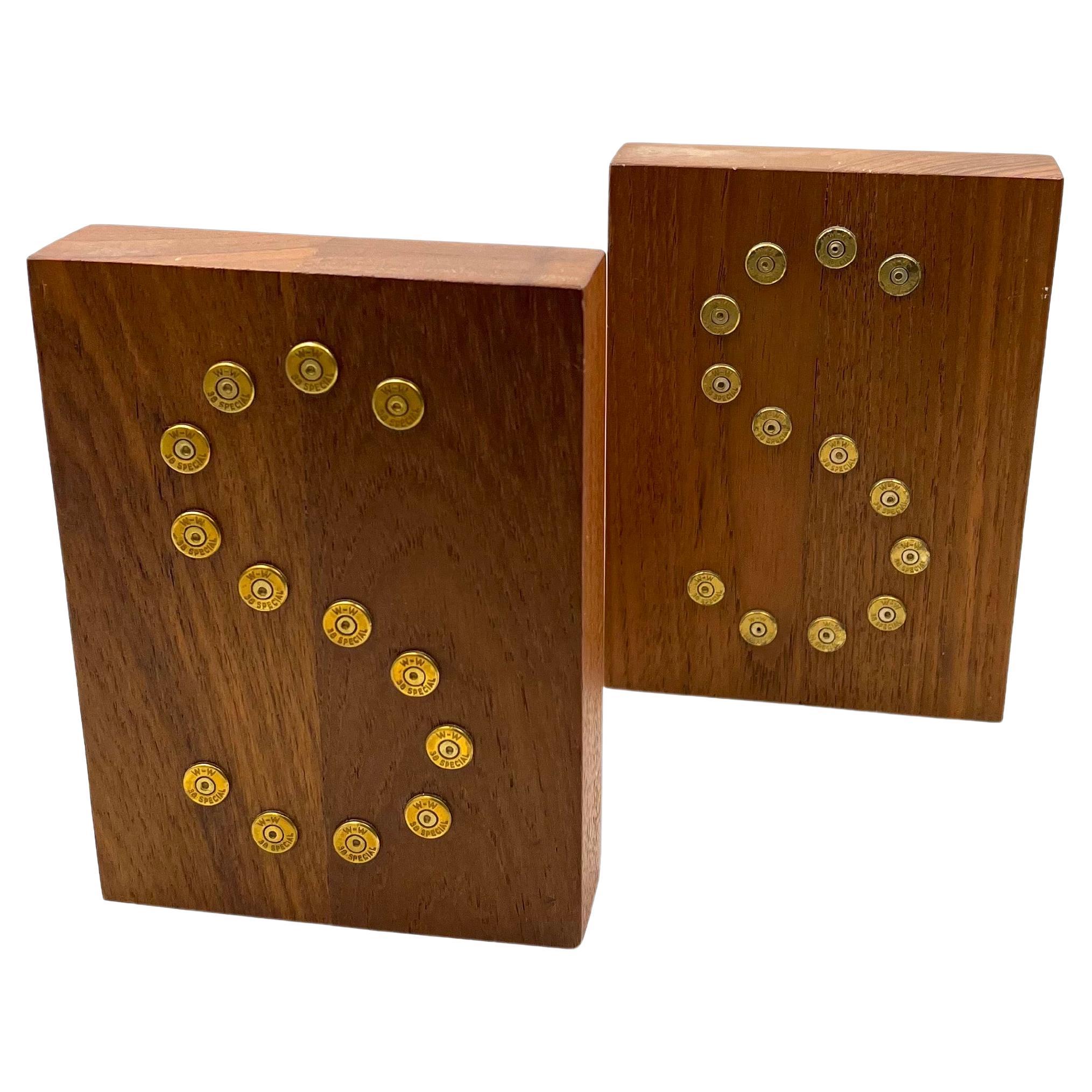 American Mid-Century Modern Solid Walnut & 38 Special Bullets Bookends For Sale