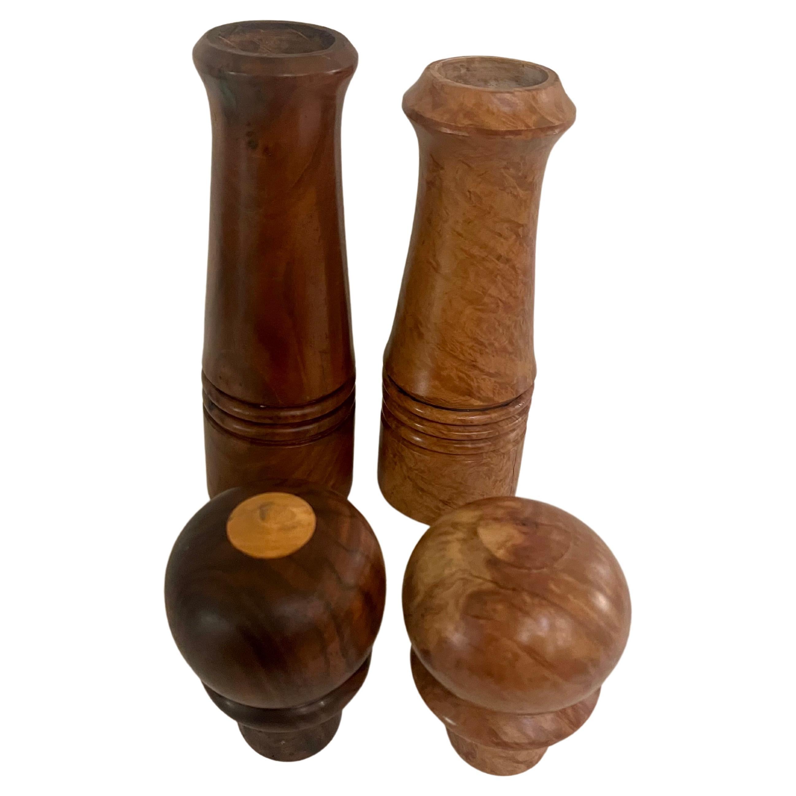 Beautiful hand crafted salt & Pepper grinder set signed in solid walnut and burl beautiful finish and condition great lines and design , circa 1980's .
