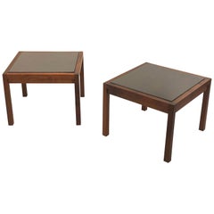 American Mid-Century Modern Solid Walnut Frame and Slate End Tables