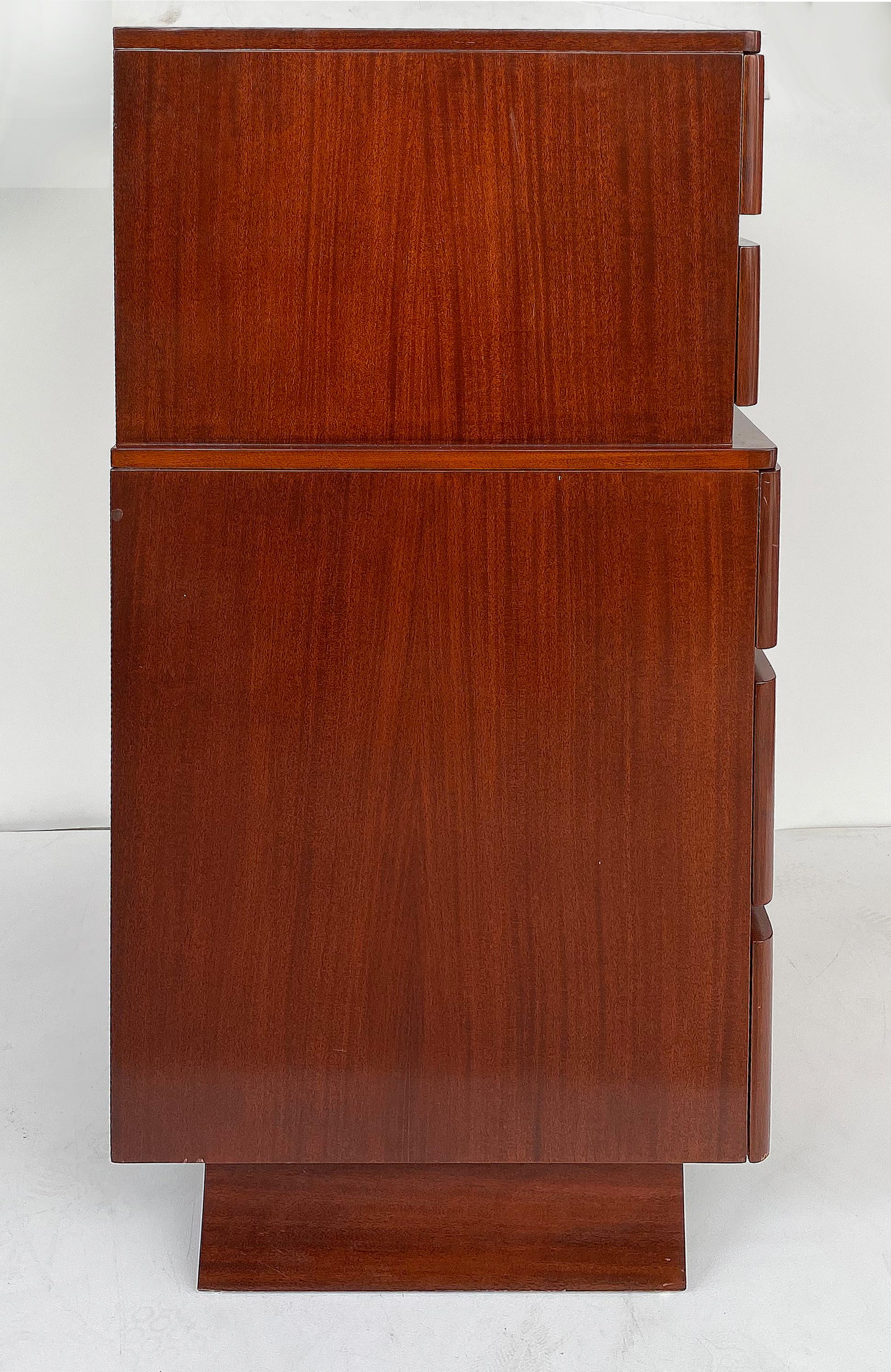 Offered for sale is an American Mid-Century Modern tall chest of drawers manufactured by RWAY Furniture Co. c1965. This stylish chest is mahogany and bird's eye maple. The chest with its five drawers sits on splayed tapering feet and has the RWAY in
