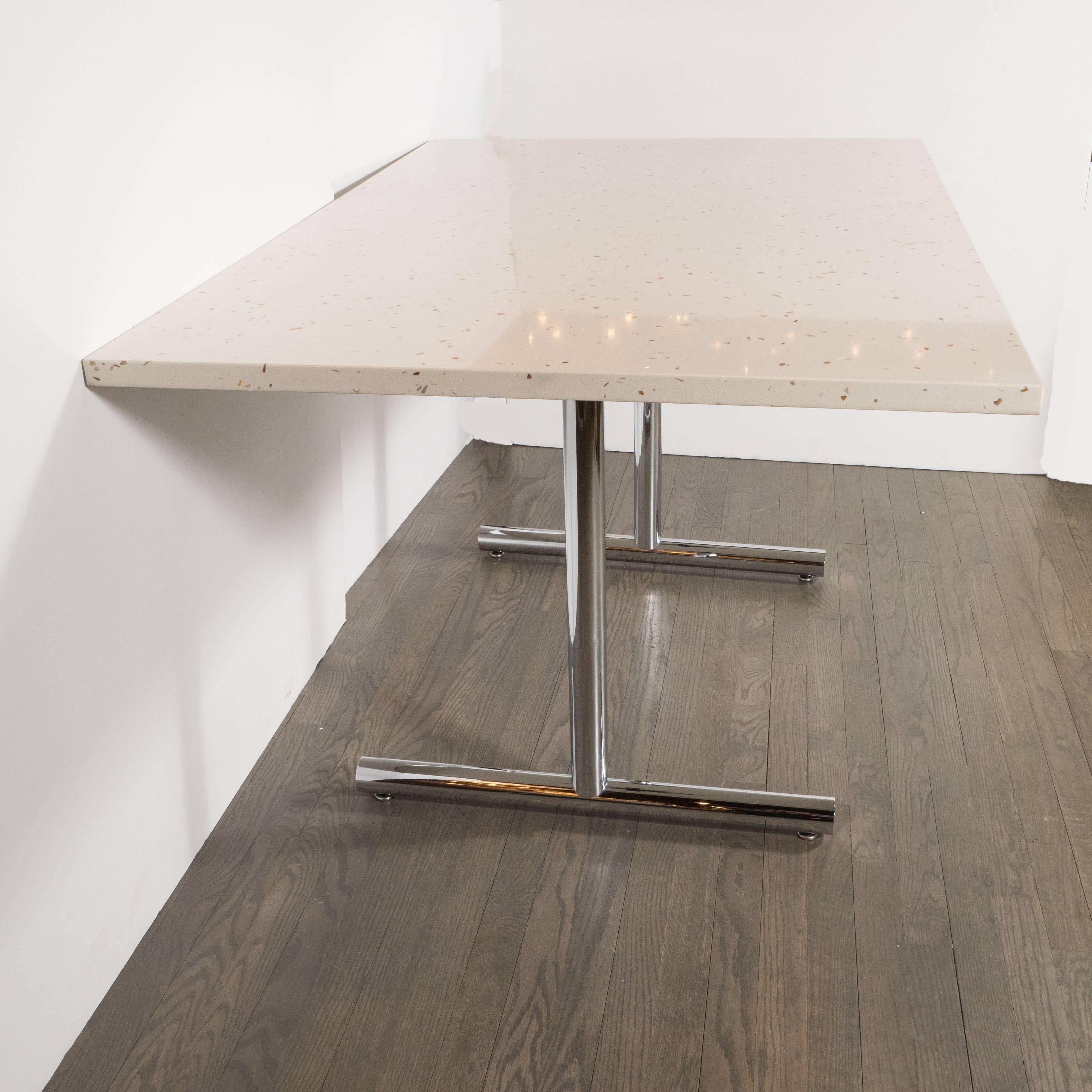 American Mid-Century Modern Terrazzo Table with Tubular T-Form Chrome Legs In Excellent Condition In New York, NY