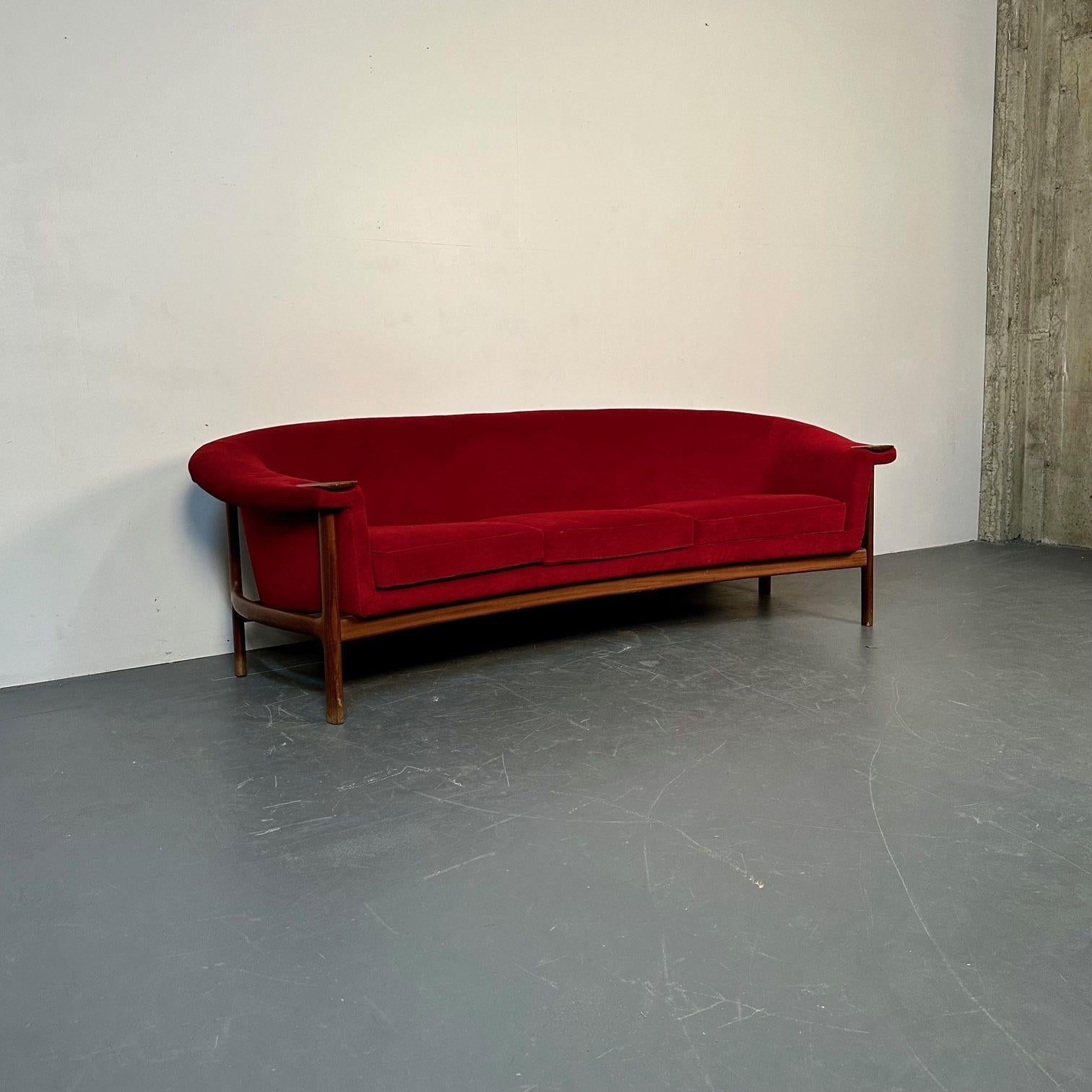 Fabric Curved Danish Mid-Century Modern Three Seater Sofa by Johannes Andersen, Walnut For Sale