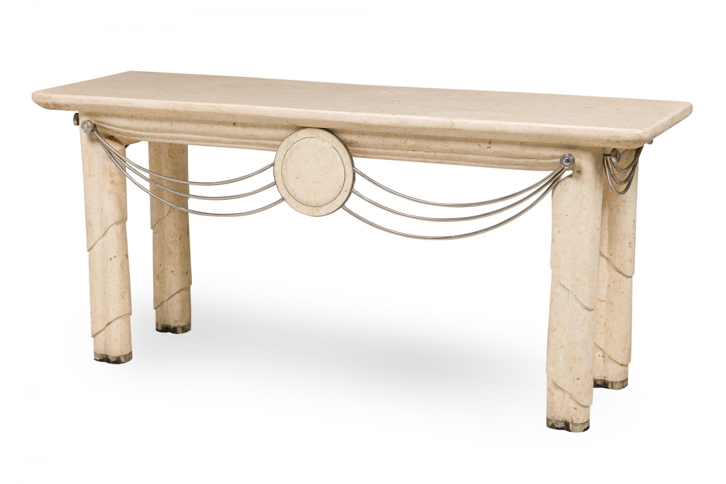 American Mid-Century Modern Travertine and Nickel Console Table, with swag design, Maitland Smith.