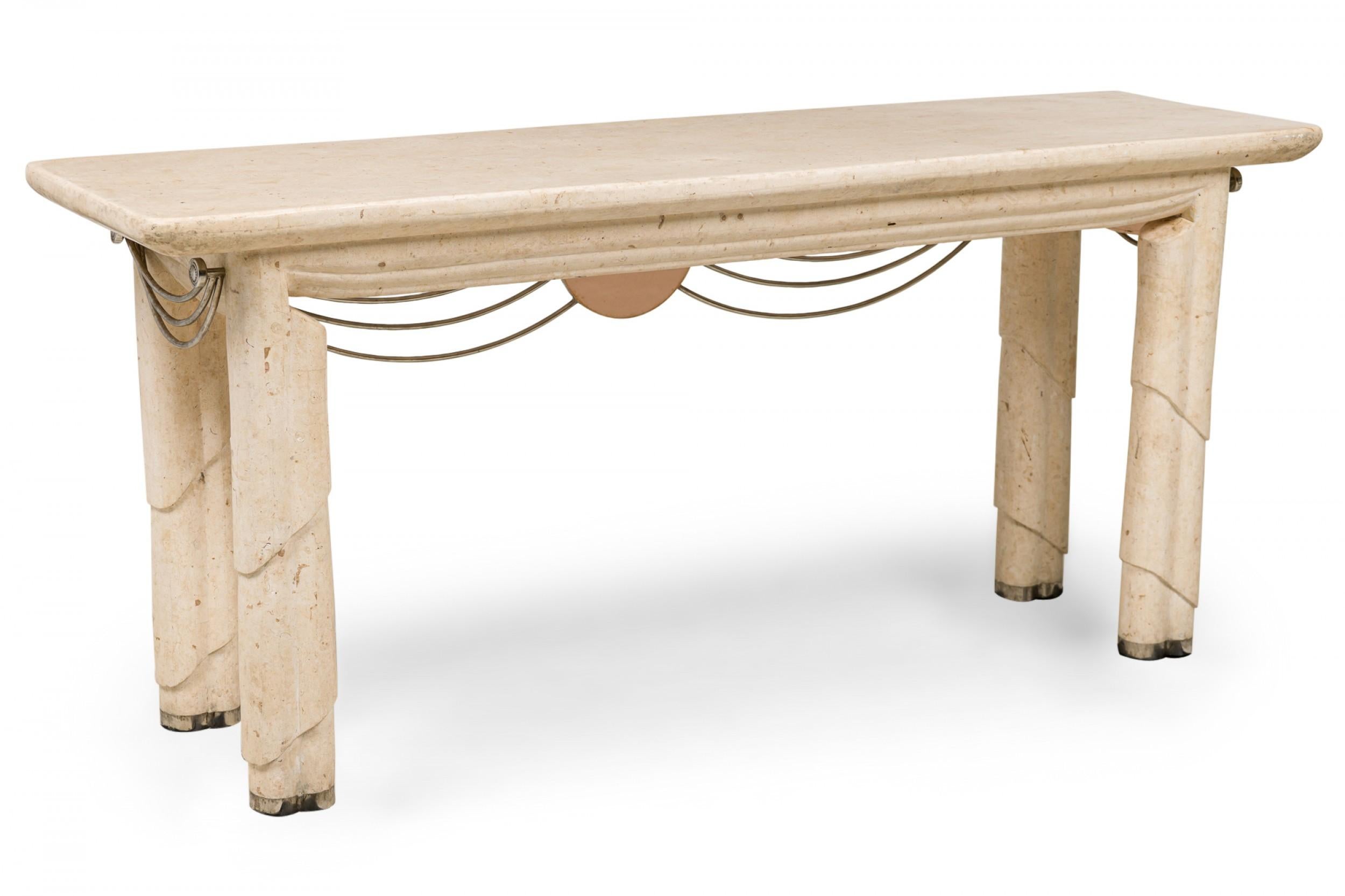 20th Century American Mid-Century Modern Travertine and Nickel Console Table, Maitland Smith For Sale