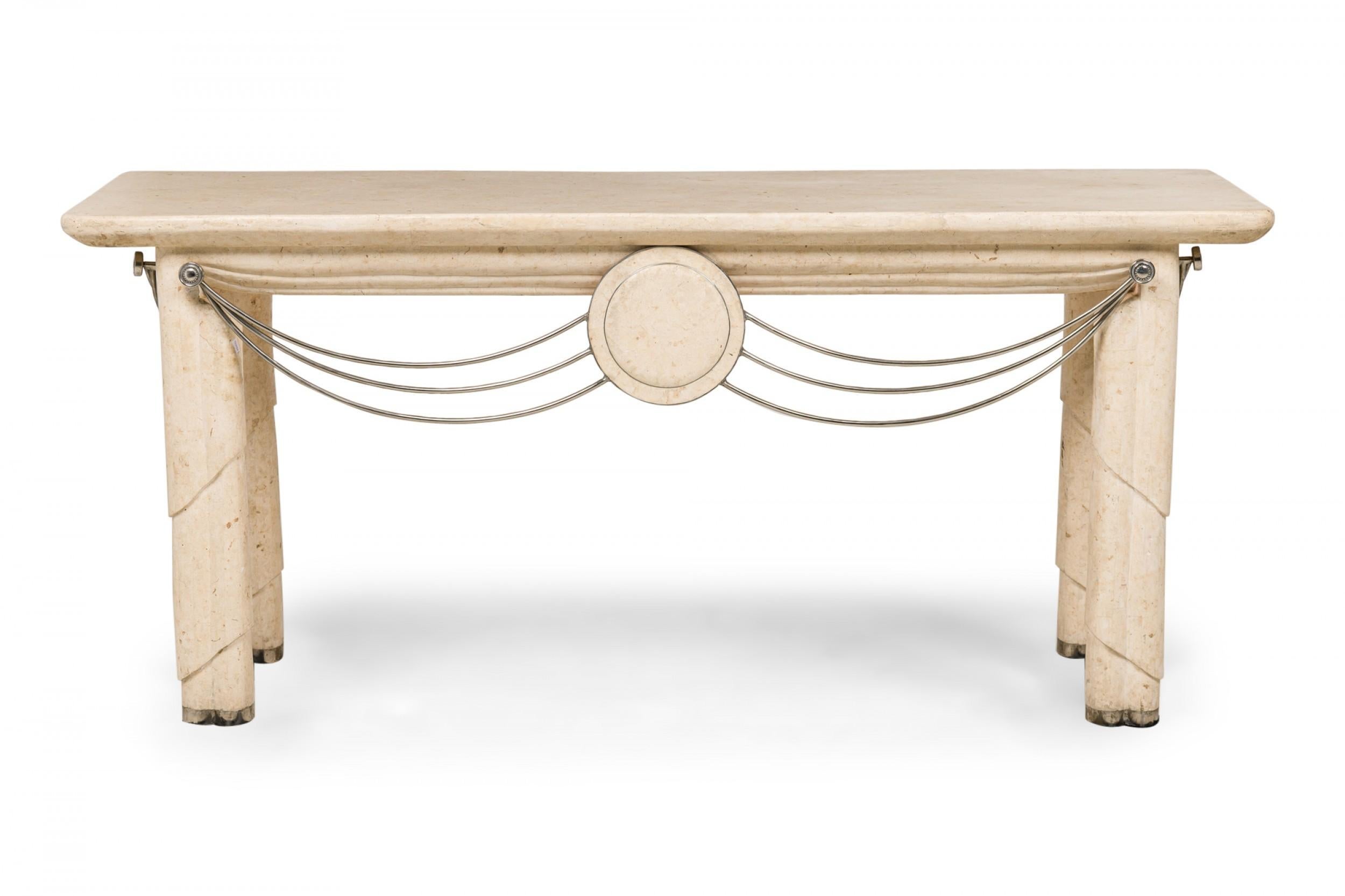 American Mid-Century Modern Travertine and Nickel Console Table, Maitland Smith For Sale