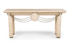 American Mid-Century Modern Travertine and Nickel Console Table, Maitland Smith