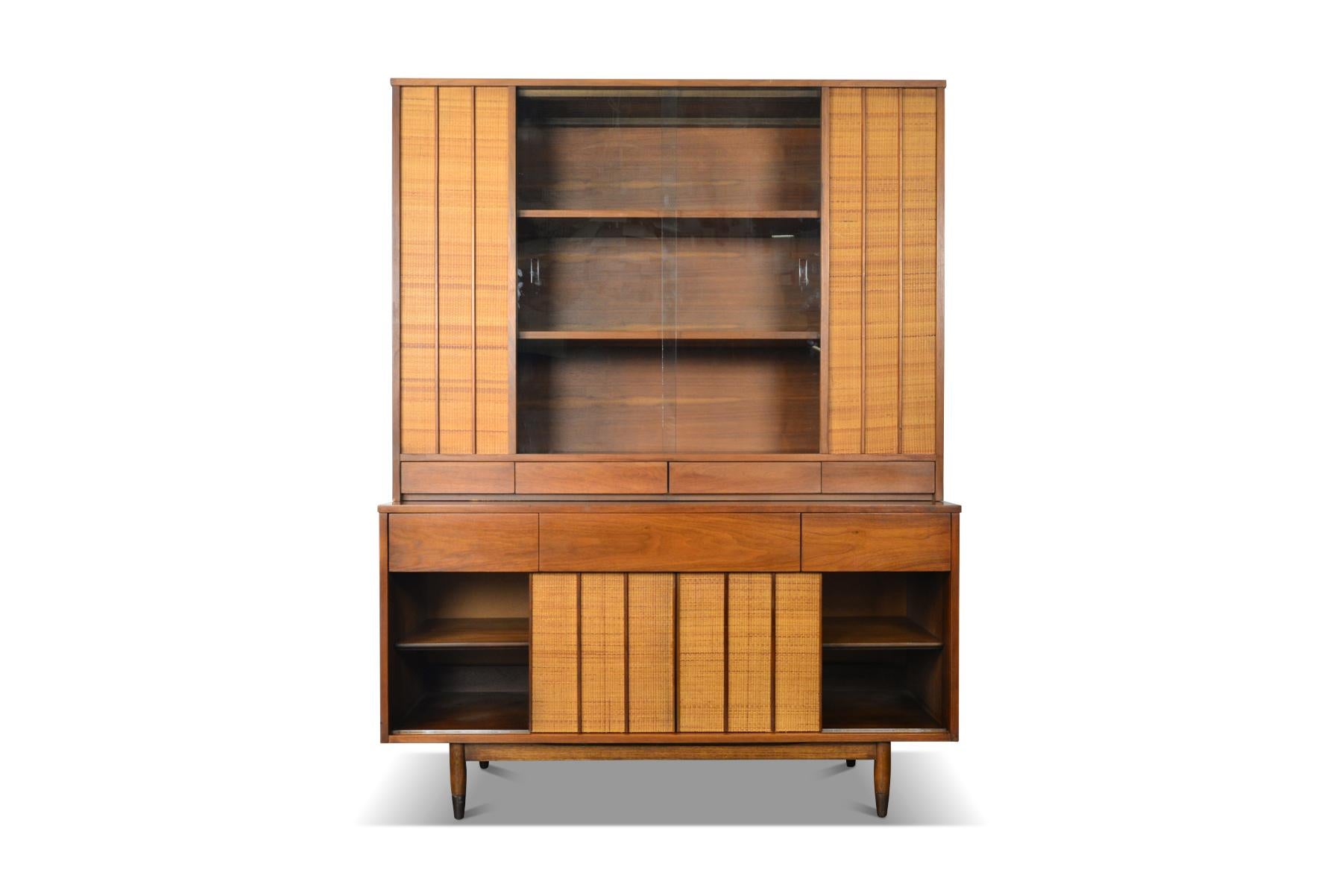 North American American Mid-Century Modern Walnut and Cane Credenza with Hutch