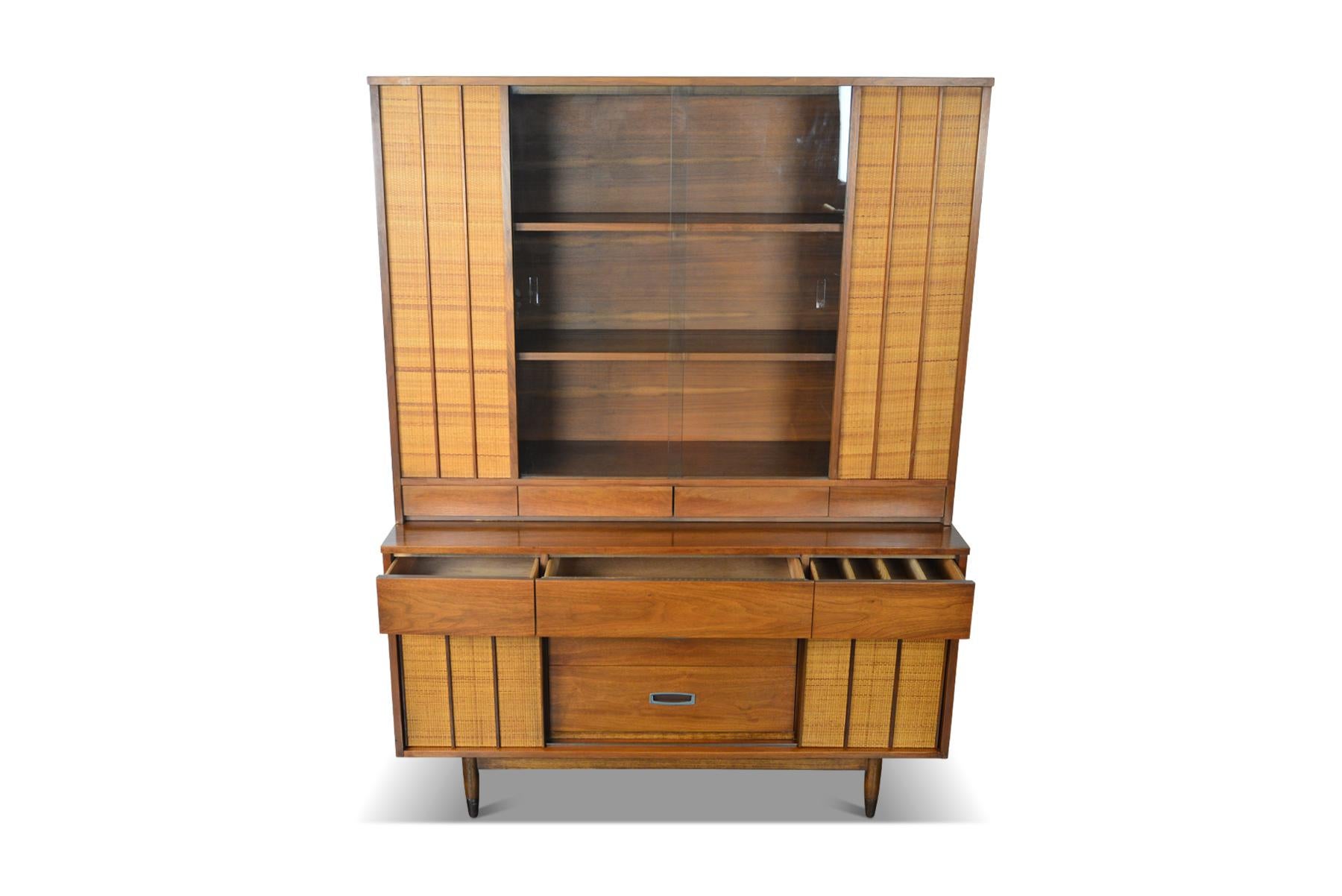 American Mid-Century Modern Walnut and Cane Credenza with Hutch In Excellent Condition In Berkeley, CA