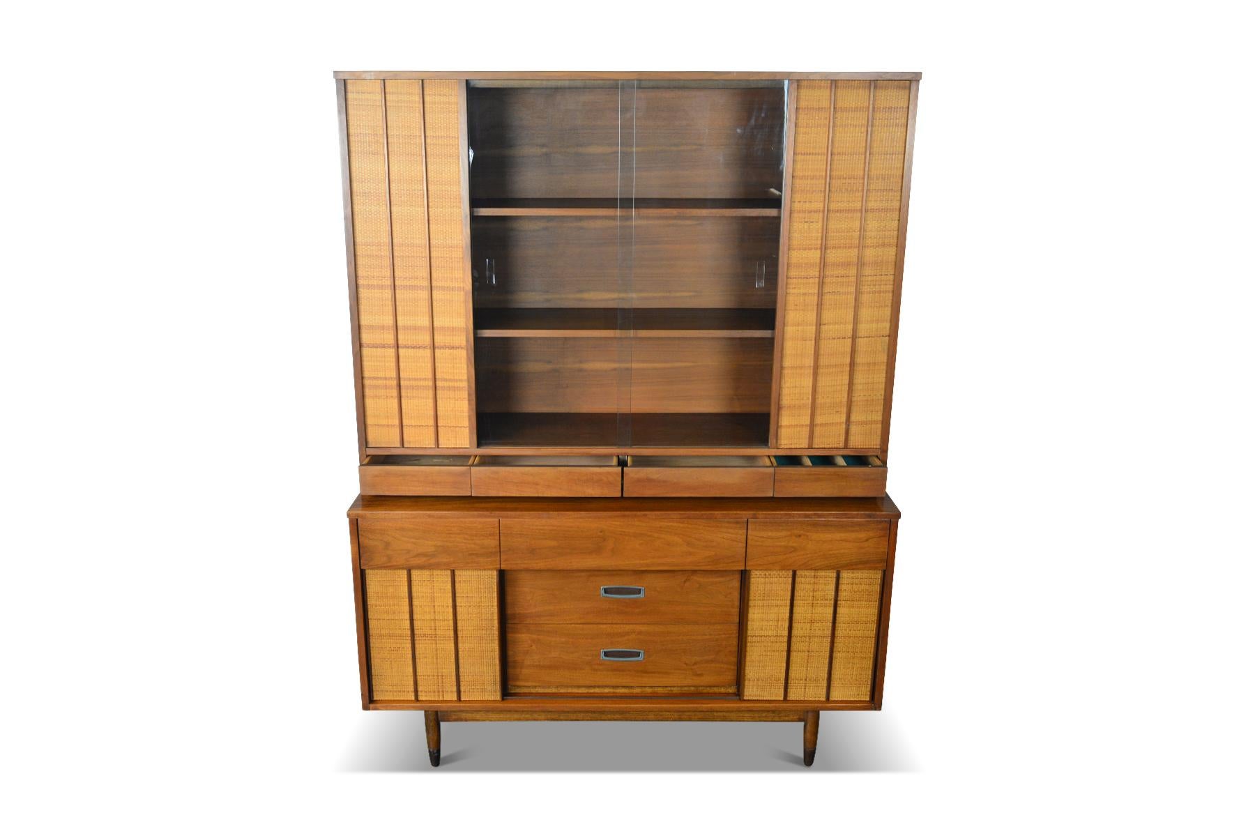 20th Century American Mid-Century Modern Walnut and Cane Credenza with Hutch