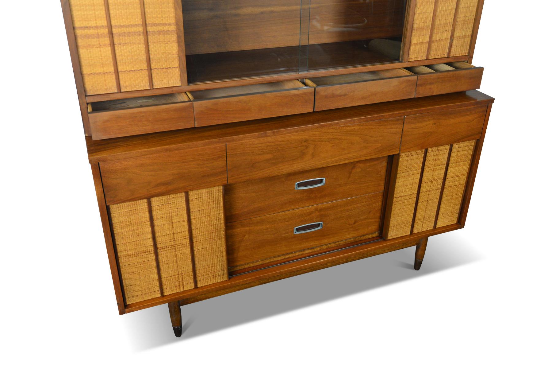 American Mid-Century Modern Walnut and Cane Credenza with Hutch 1