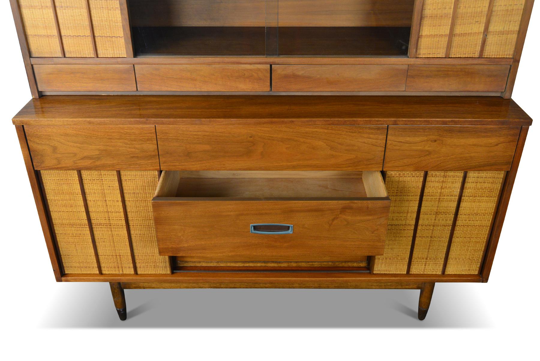 American Mid-Century Modern Walnut and Cane Credenza with Hutch 2