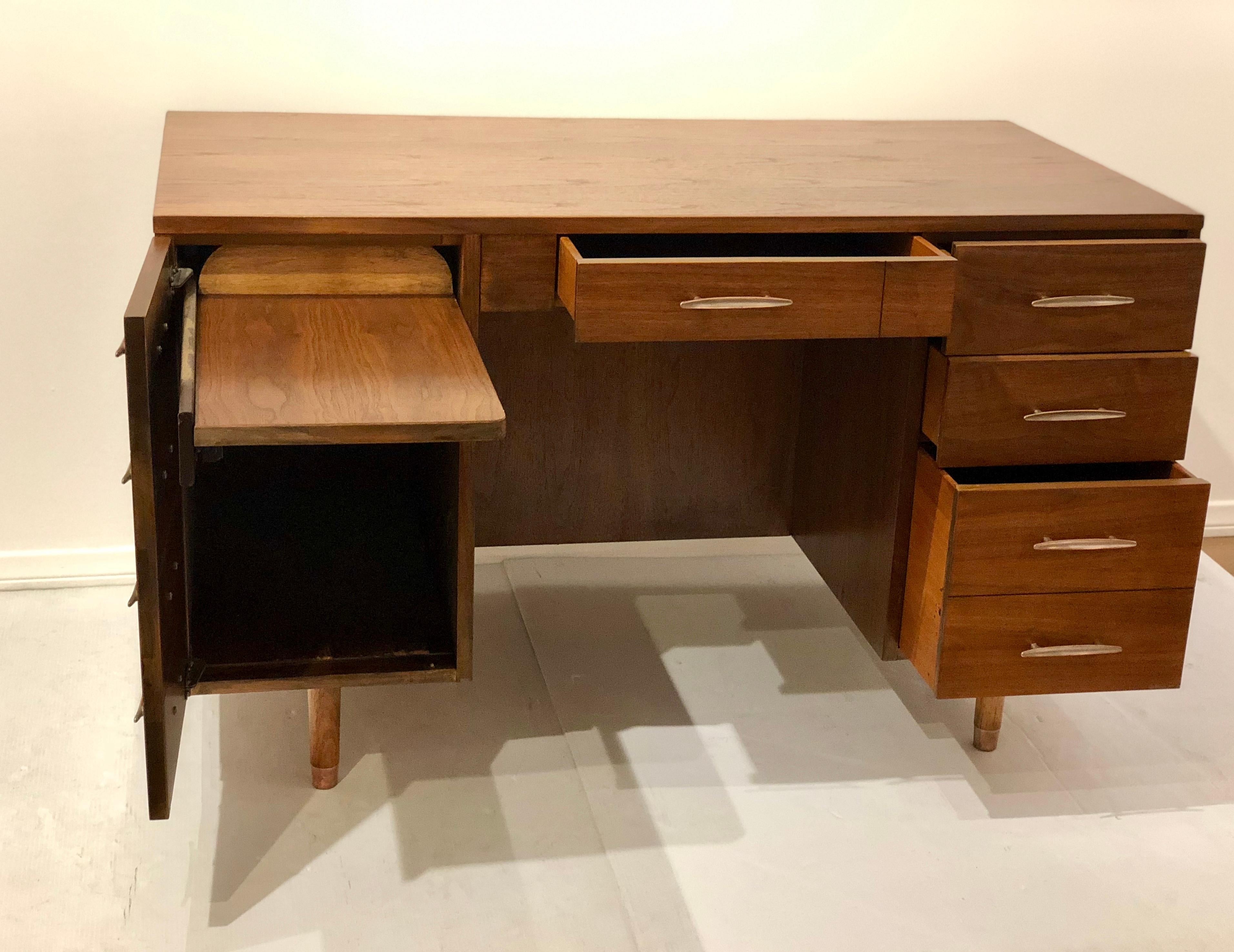 American Mid-Century Modern Walnut Desk with Bookcase Front and Side Return 1