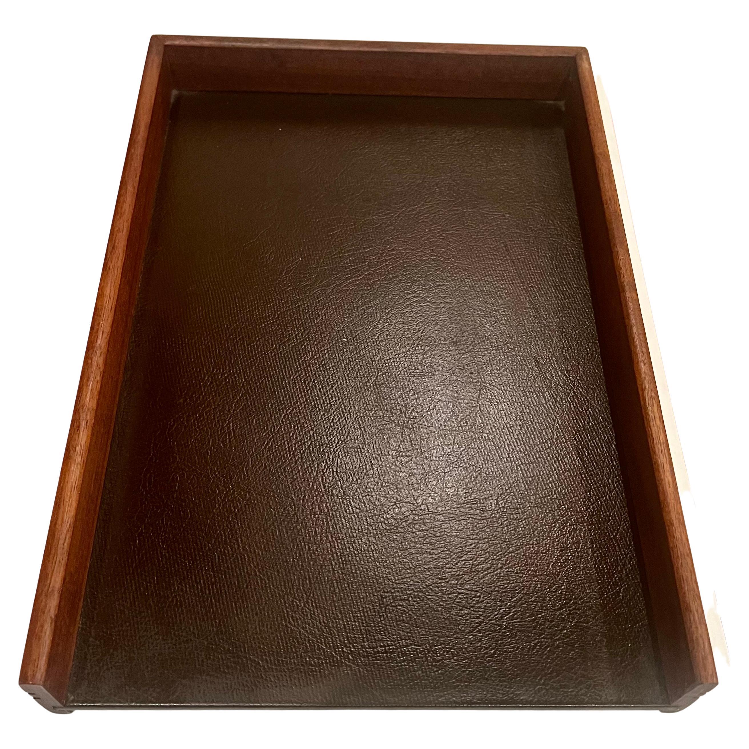 Single letter desk tray with solid walnut walls and Naugahyde brown insert, circa 1970s freshly refinished, Very nice accent to any executives desk! California design.