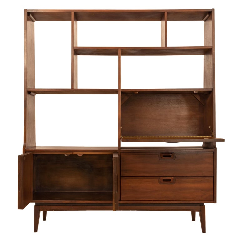 American MidCentury Modern Walnut Room Divider Bar Desk Buffet Hutch