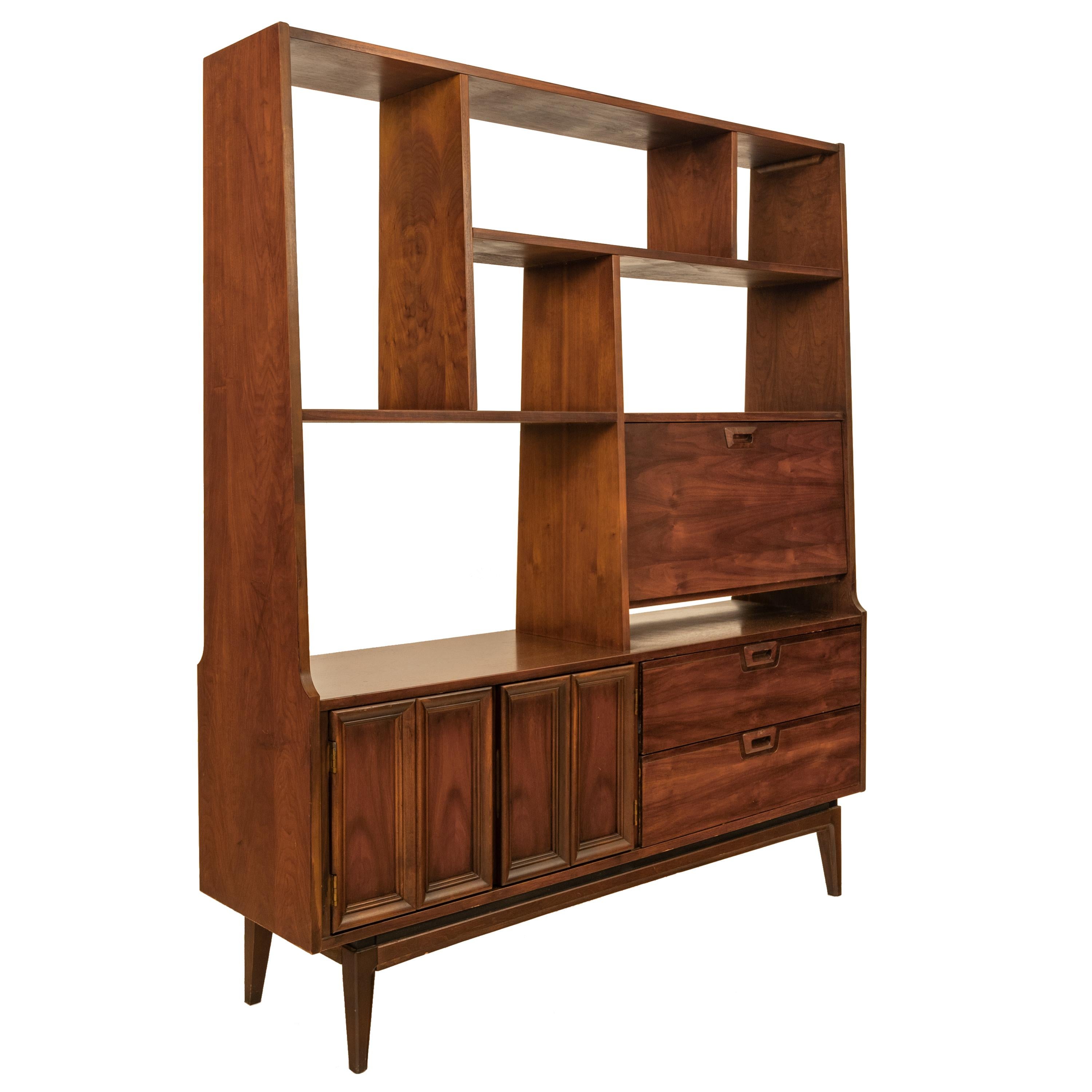American MidCentury Modern Walnut Room Divider Bar Desk Buffet Hutch